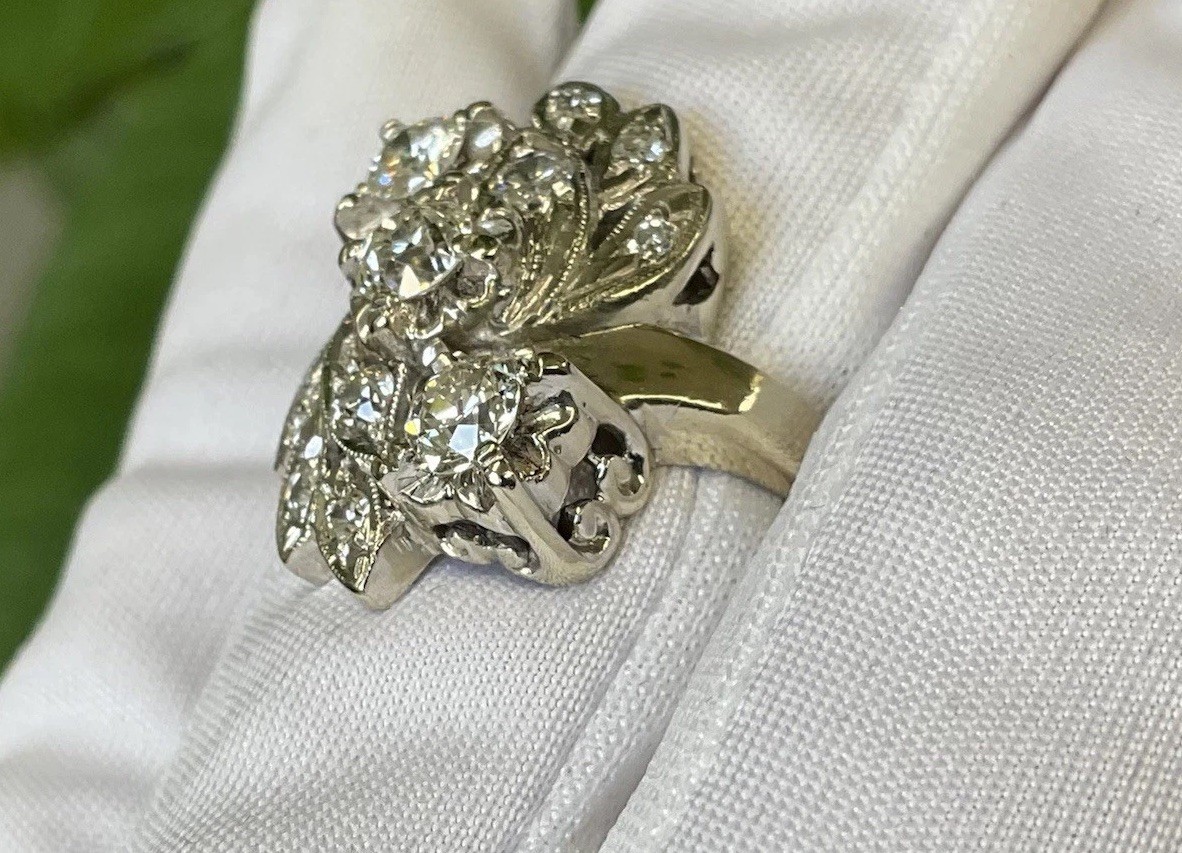 ANTIQUE RETRO NATURAL OLD EUROPEAN CUT DIAMOND COCKTAIL RING 14K WHITE GOLD