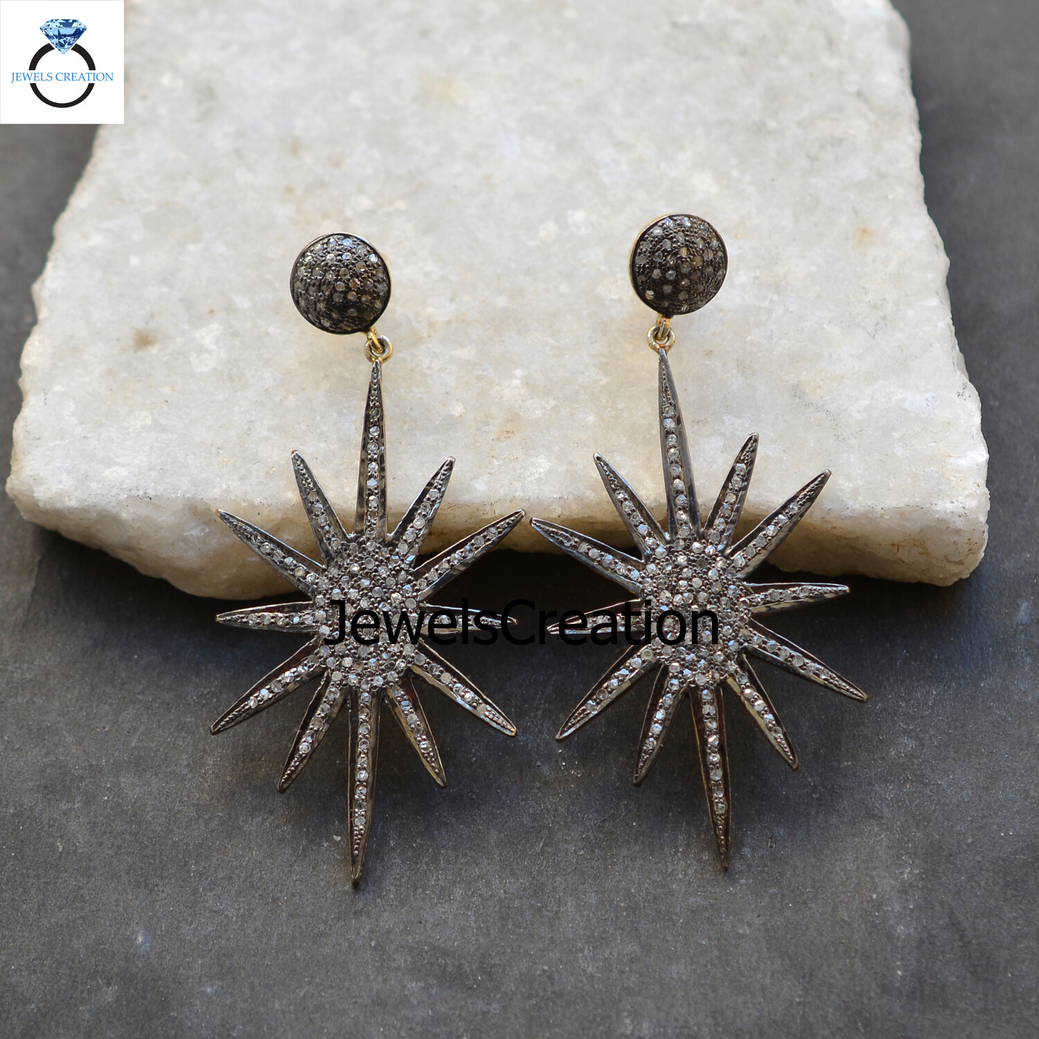 Genuine Pave Diamond 925 Silver Earrings Yellow Gold Vermeil Star Shape Jewelry