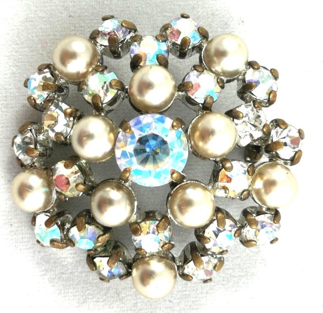 Czech Brooch Mid Century Pin Vintage Glass Rhinestone Faux Pearls Vtg Accessory