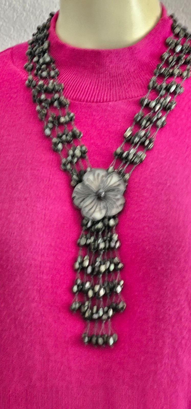 RARE VINTAGE Mother Pearl necklace shiny different gray shapes 4 strand 18