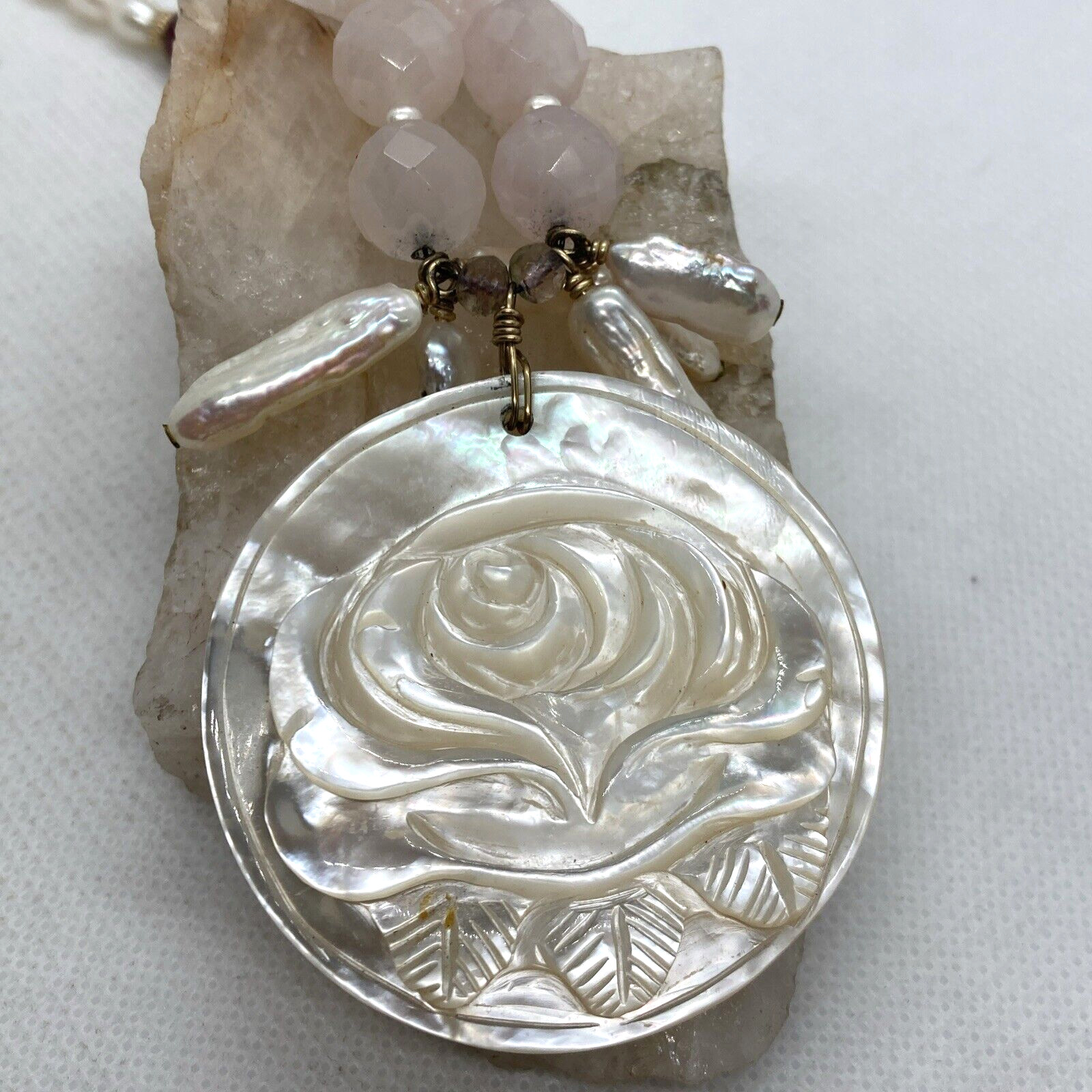 Vintage Rose Quartz Carved Mother of Pearl Tourmaline 18” Necklace 14/20 GF 44g