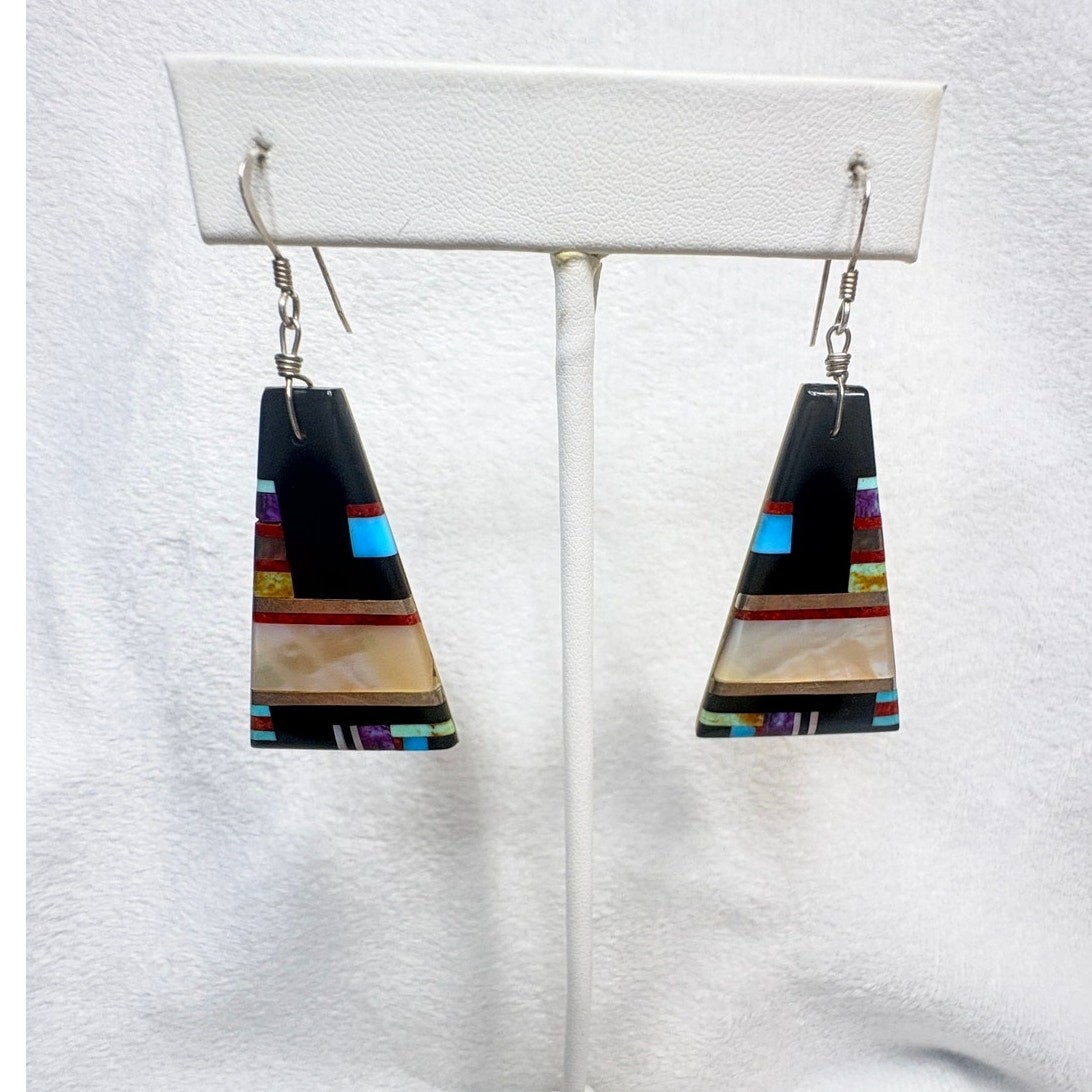 Artisan Inlay Earrings Turquoise Coral Spiny Oyster Onyx MOP on Shell Backplate