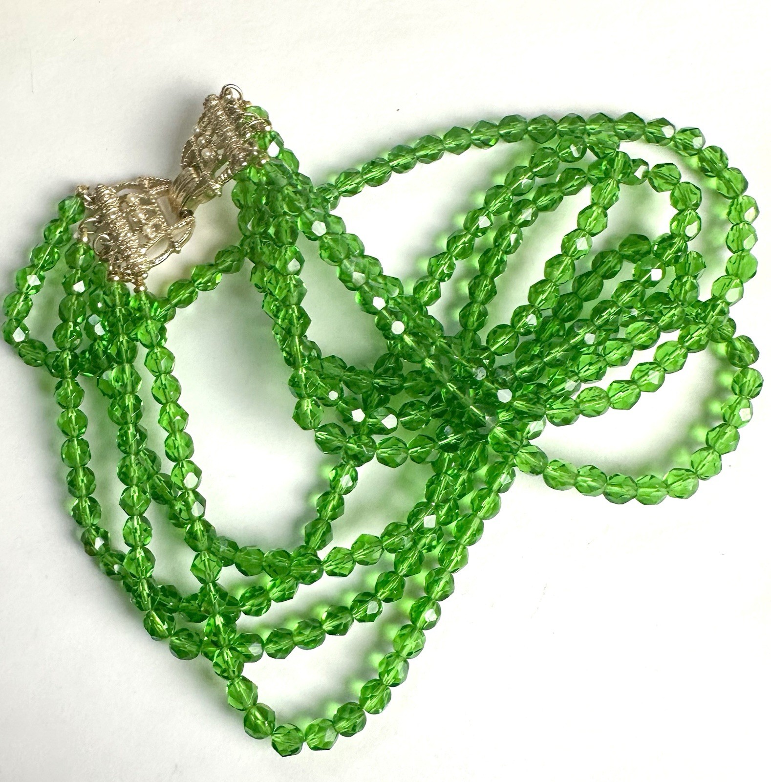 VTG Etruscan Revival Vivid Green Heavy 5-strand Glass Necklace Faux Pearls
