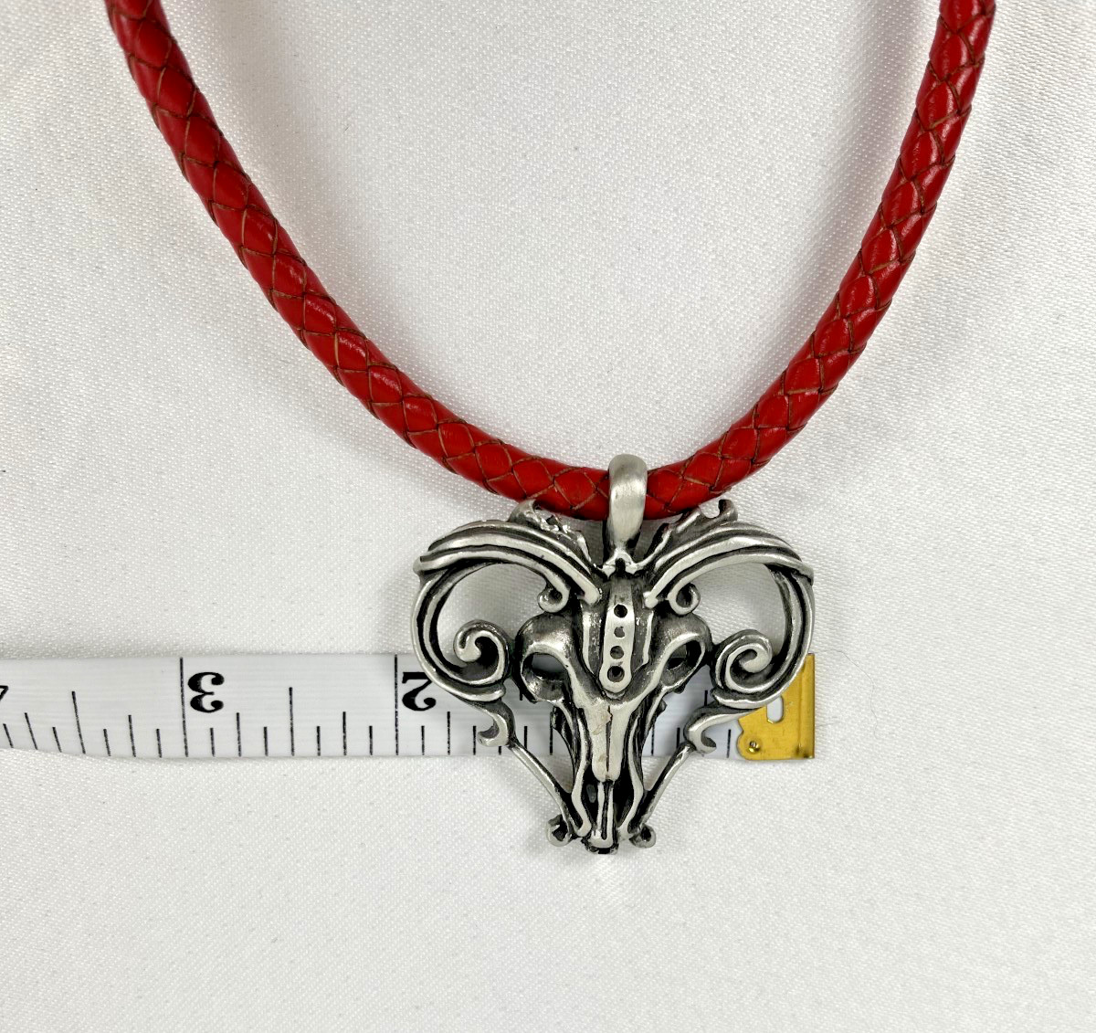 VTG Artisan Pewter Gothic Ram Pendant Red Braided Leather Cord Punk Retro