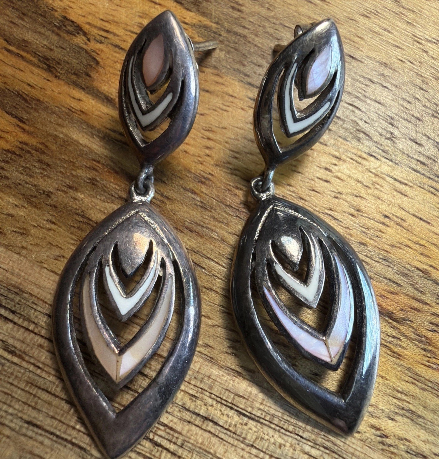 Sterling Silver 925 Abalone Inlay Stud Post Dangle Drop Earrings 1980s VTG Gift