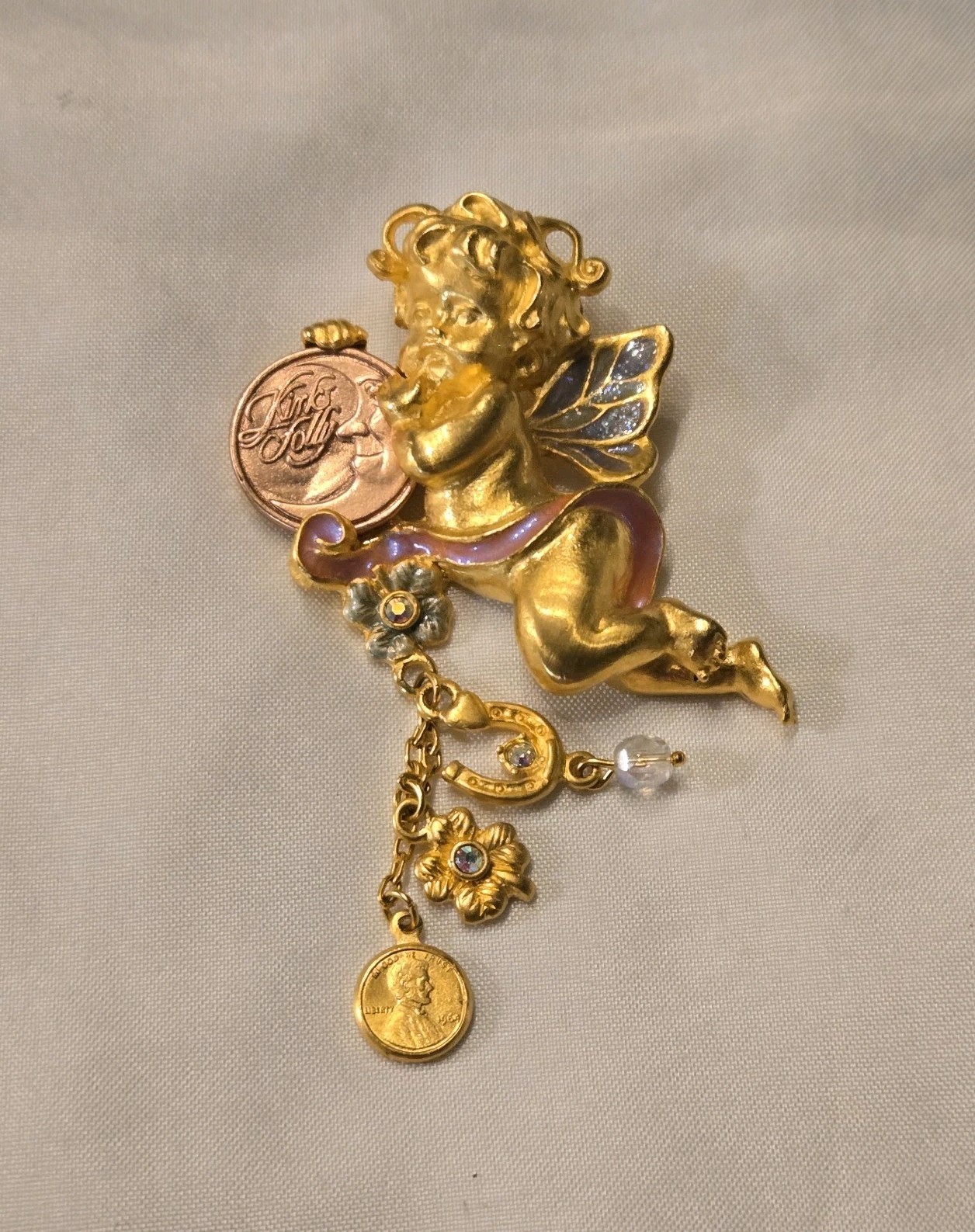 Vtg Kirks Folly Signed Lucky Penny Cherub Angel Rhinestone Gold Tone Brooch