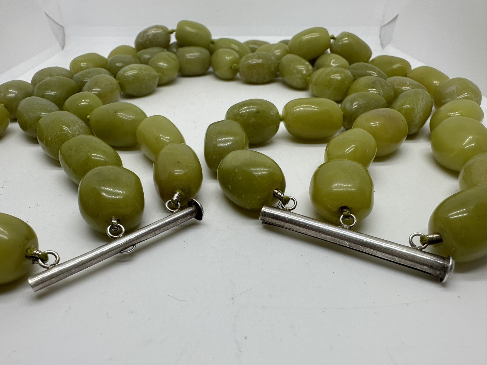 Vintage 3-Strand Olive Jade Nugget Beads Hand Knot 16-inch Choker Necklace