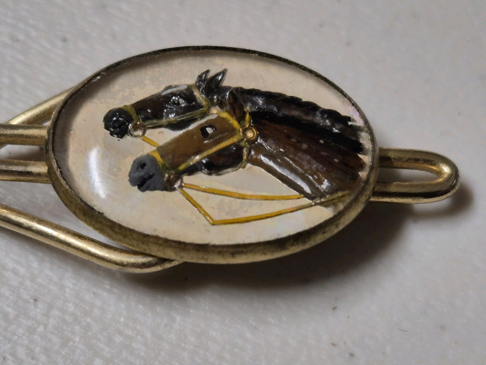 Vtg Equestrian Reverse Painted Portrait of Horses, Vintage Tie Clip, Circa 1930s