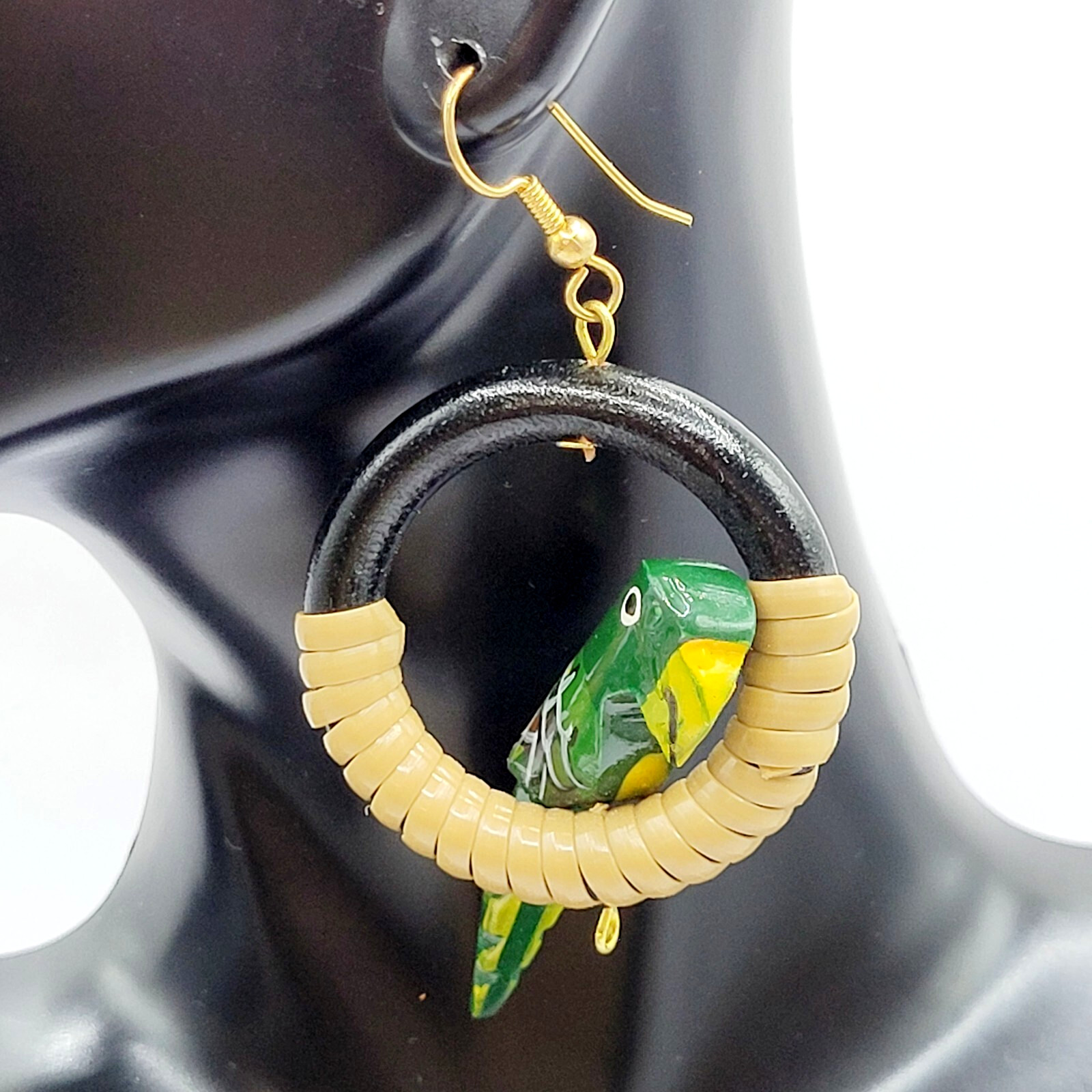 Parrot Macaw Tropical Hand Painted Carved Bird on Hoop Hook Pierced Vtg Earrings