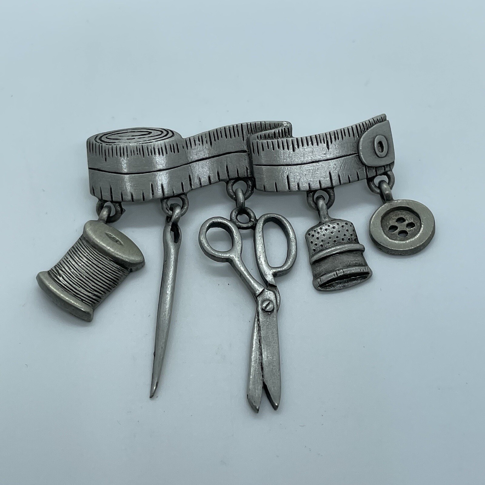 Vintage Sewing Theme Brooch Pin Tape Measure Scissors Thread Button Thimble