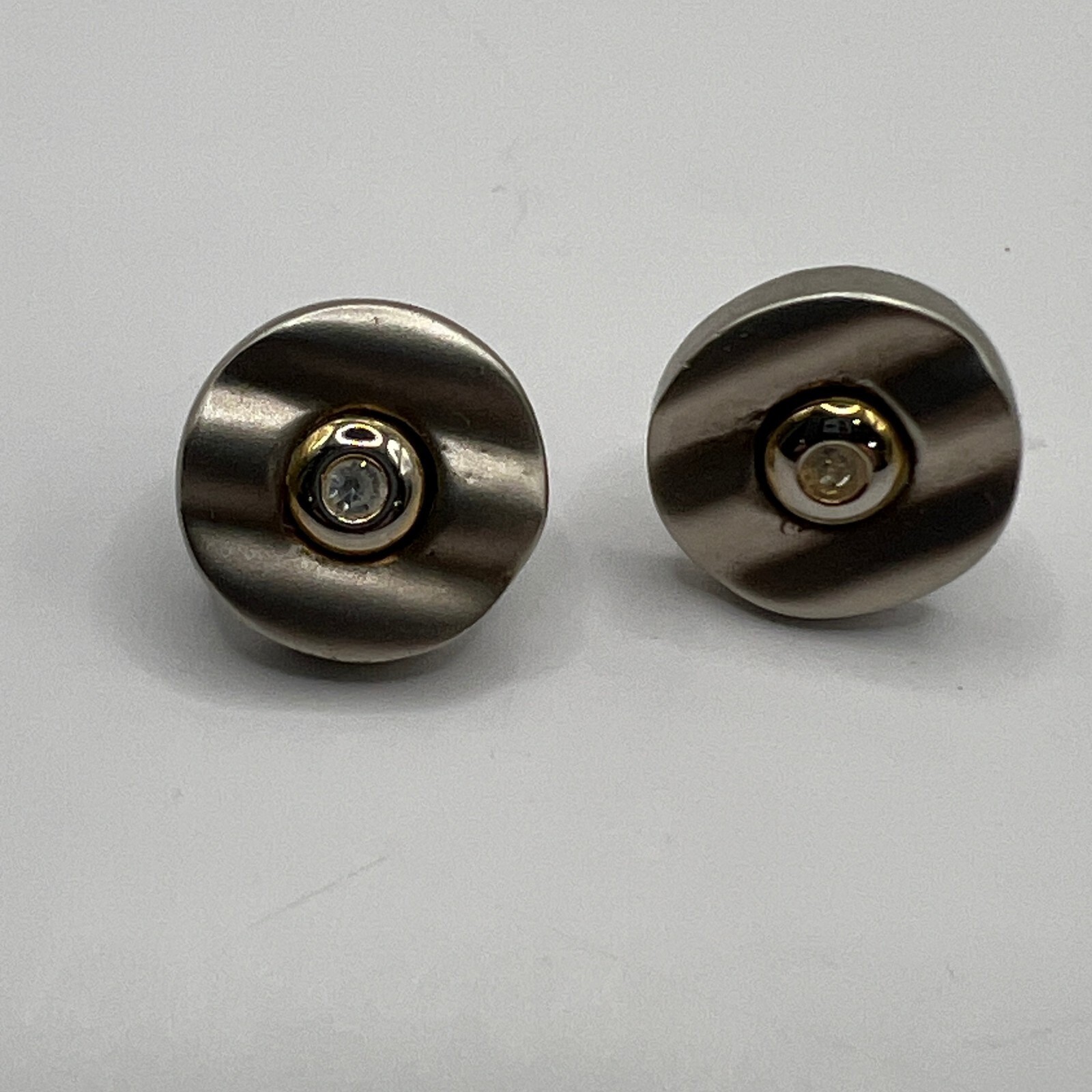 Vintage Pierced Earrings Pewter Tone Rigged with Clear Crystal Center