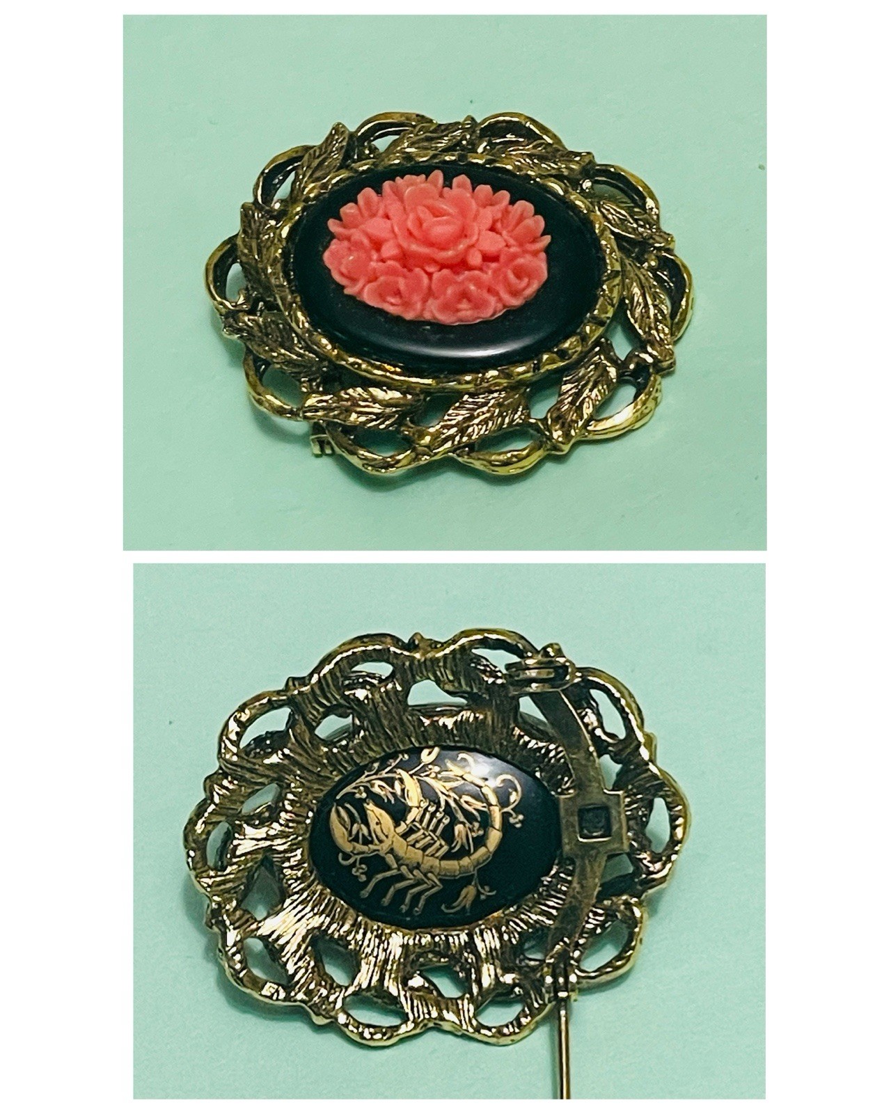 Cast Floral Coral/Scorpio Glass Cabochon Brooch/Pin Art Nouveau-VTG Estate Find!