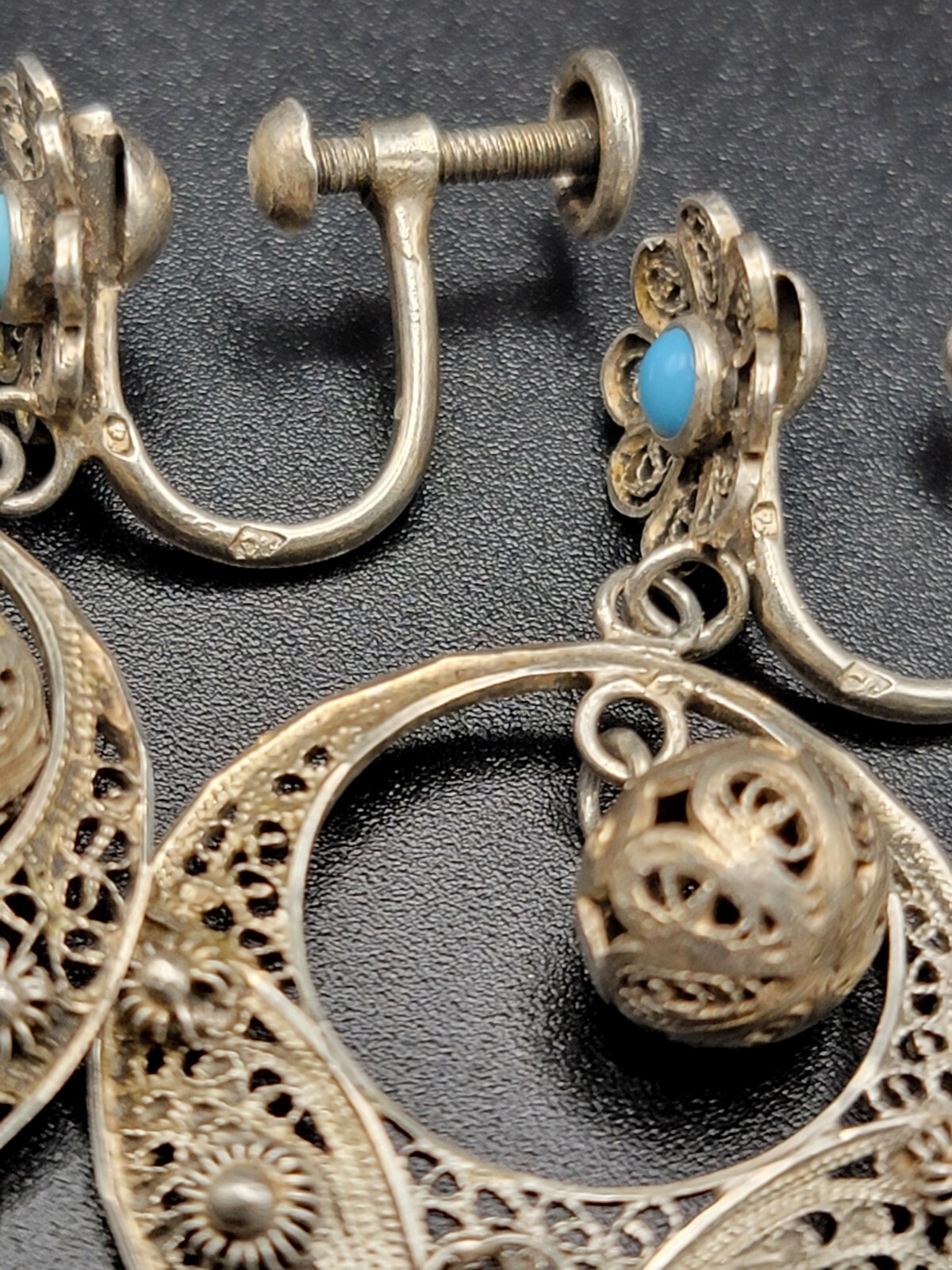 833 Silver Filigree Drop Earrings Turquoise Accent Dangle Vintage Ethnic