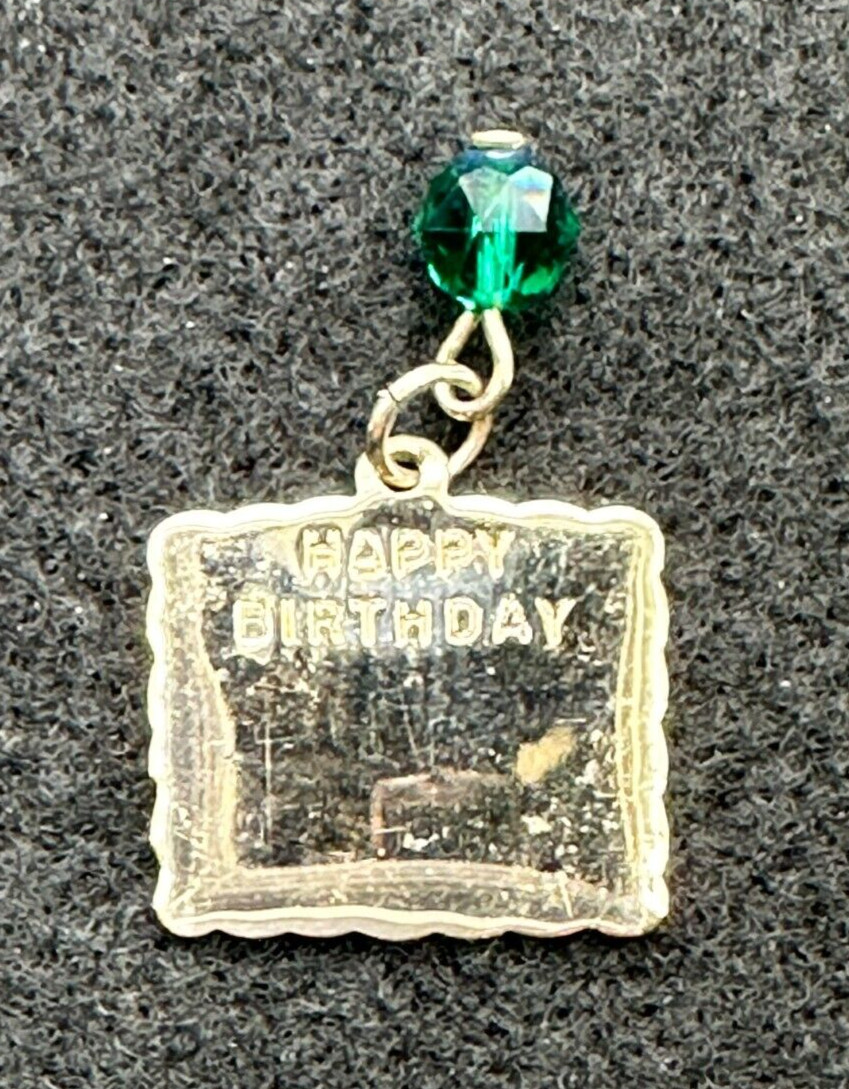 Happy Birthday May Green Birthstone Silver Tone Plaque Hanging Charm Pendant