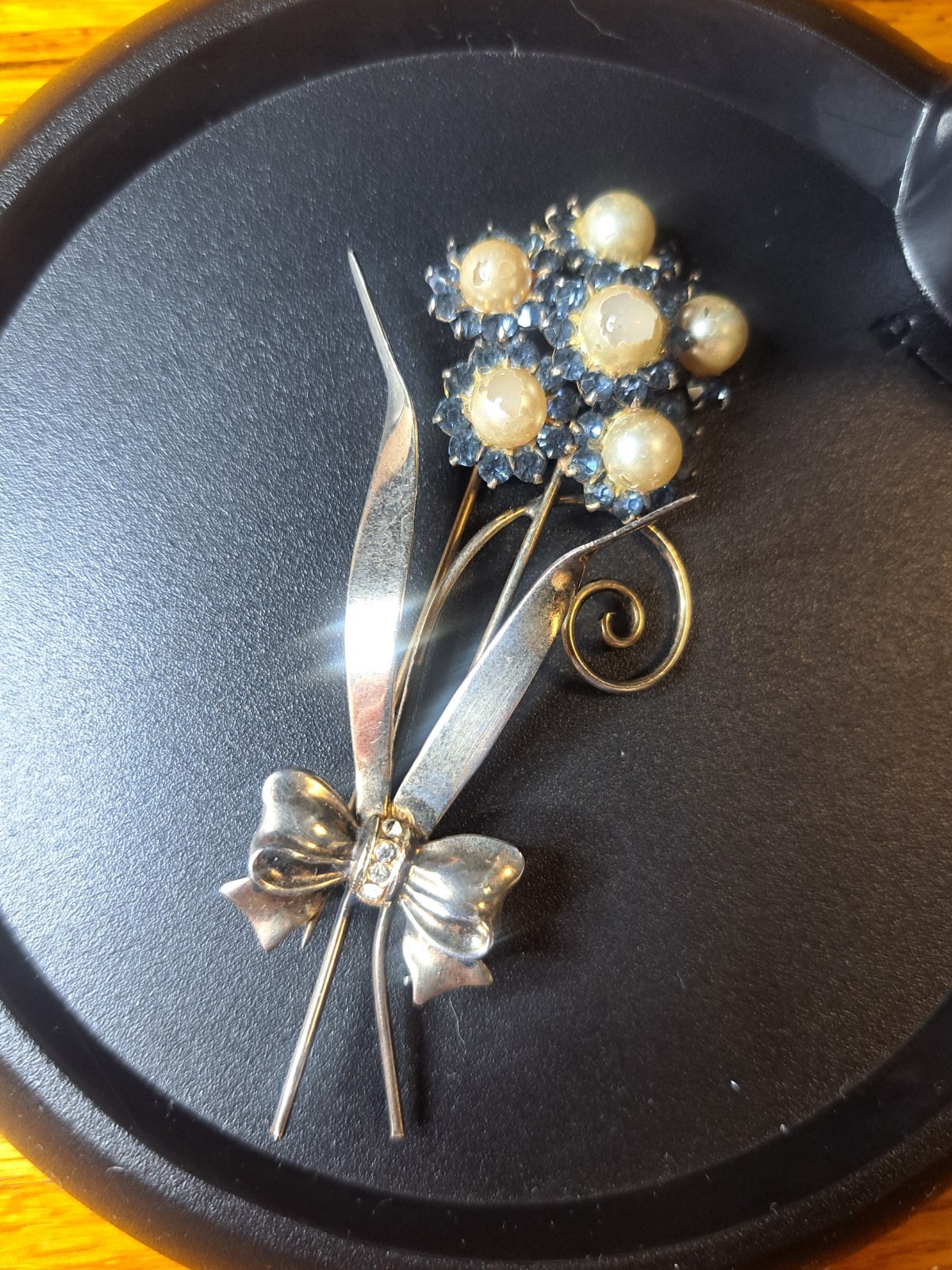1950s 925 Sterling Silver Vermeil Blue Rhinestone Faux Pearl Brooch 3.5” 17gr