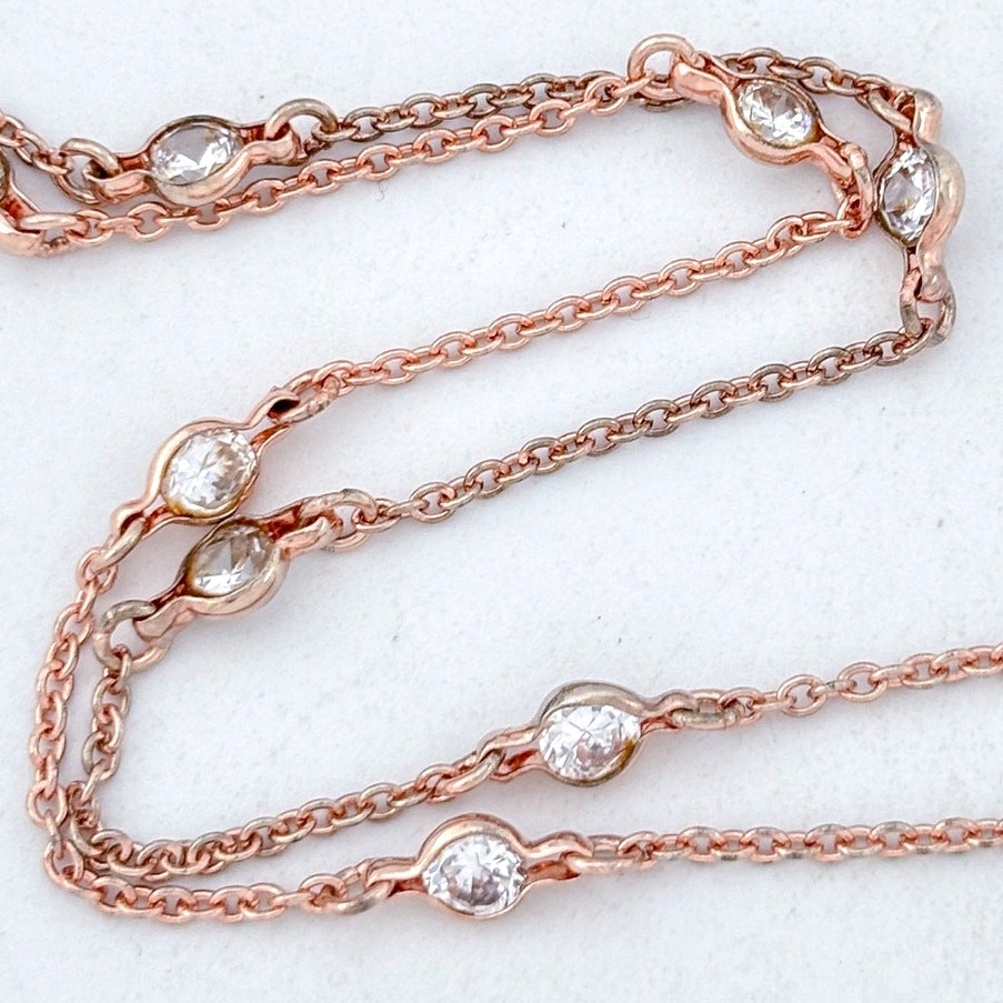 Vintage Sterling Silver 925 Rose Gold-Tone Cubic Zirconia Station Necklace 16″
