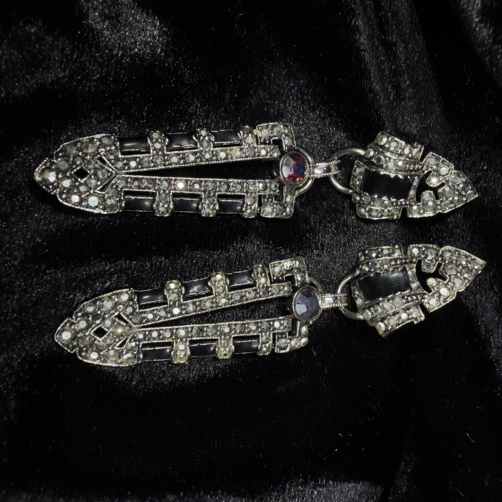 Vintage Signed▪️ KIRKS FOLLY Black Marcasite ART DECO Rhinestone DANGLE Earrings