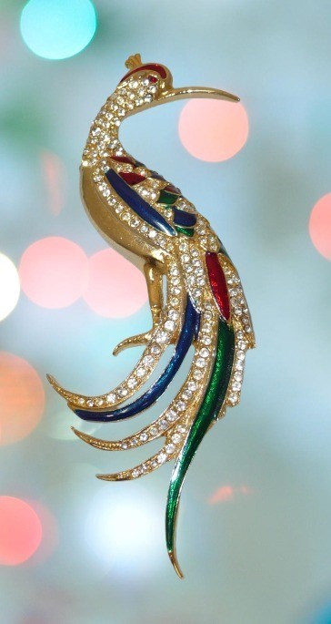 Rhinestone & Enamel Peacock Bird Brooch Red Green Purple Gold Multicolor