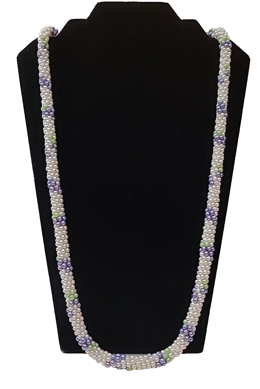 VTG Long White Purple Green Seed Beaded Rope Necklace Unsigned 1960’s 1970’s