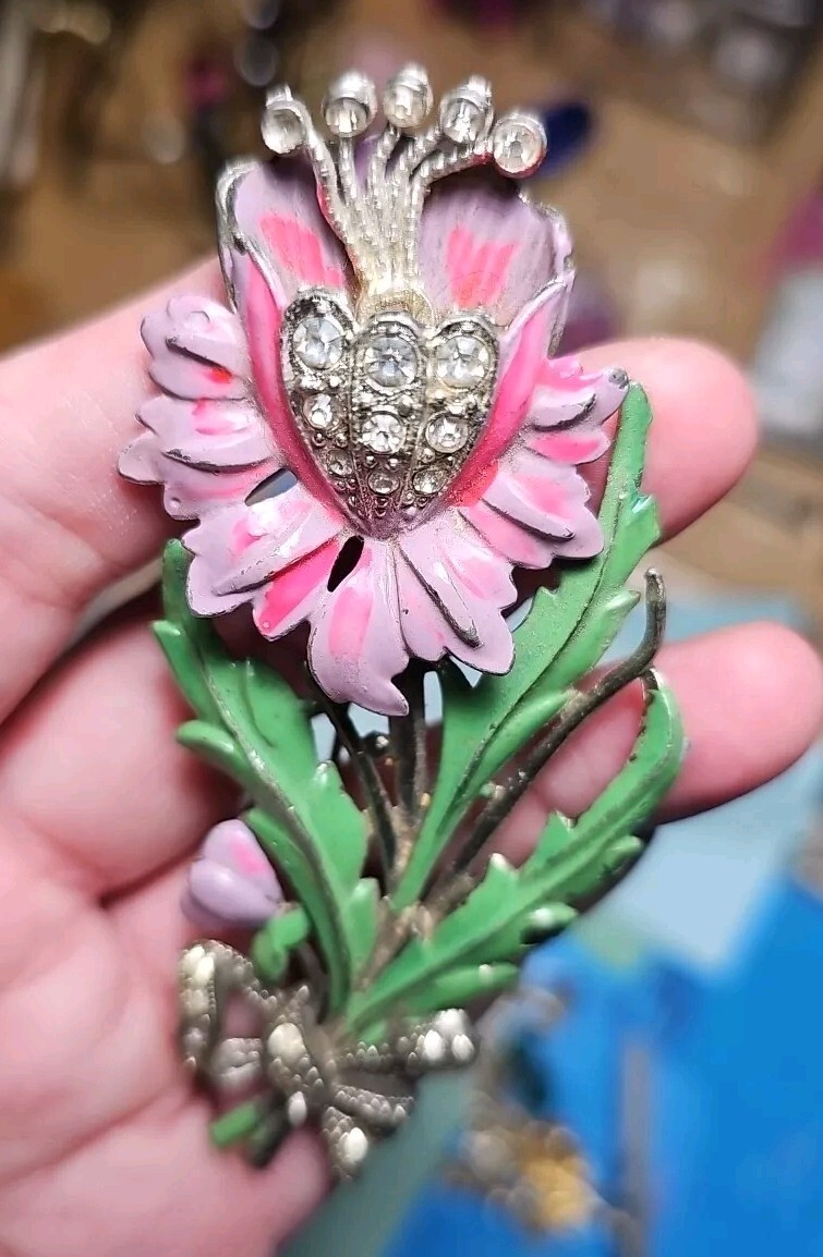 Vintage Floral 1930s Pot Metal Brooch Enamel New England Glassworks
