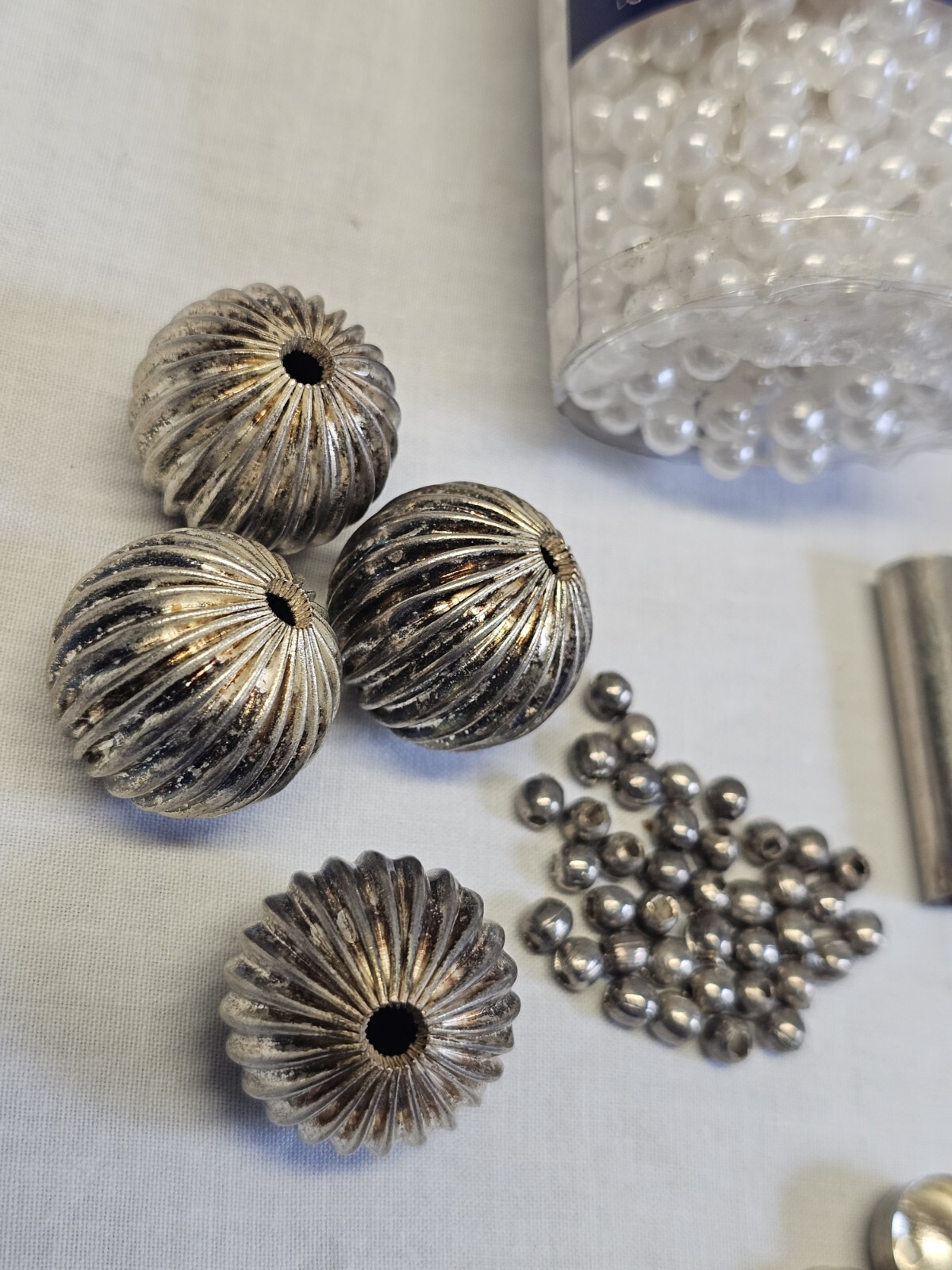 Vintage Jewelry Making Set Pearl String Kit Small-Large Metal Beads Silver Heart
