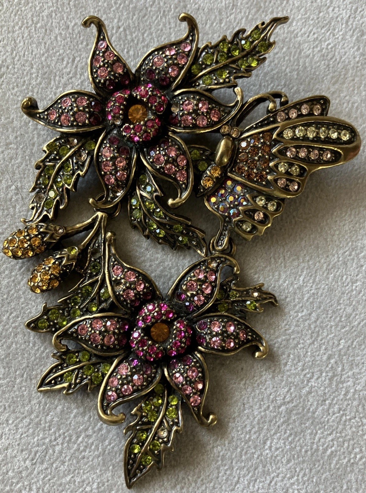 LaVintage Hinged Antiqued Goldtone Metal Flower/ Butterfly Brooch Or Pendant