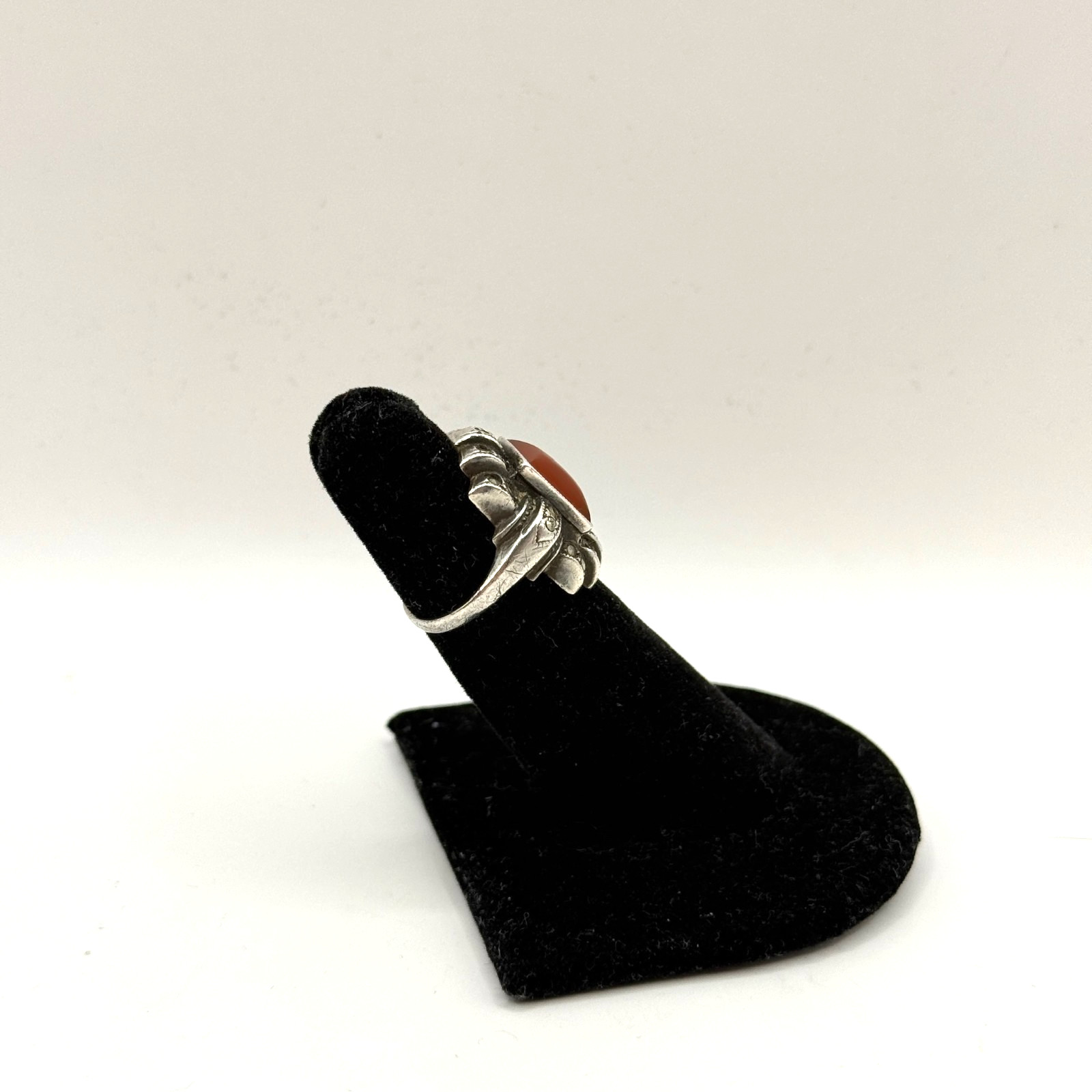 Vintage Art Deco STERLING SILVER Orange Carnelian Stone Marcasite Ring Size 4.25