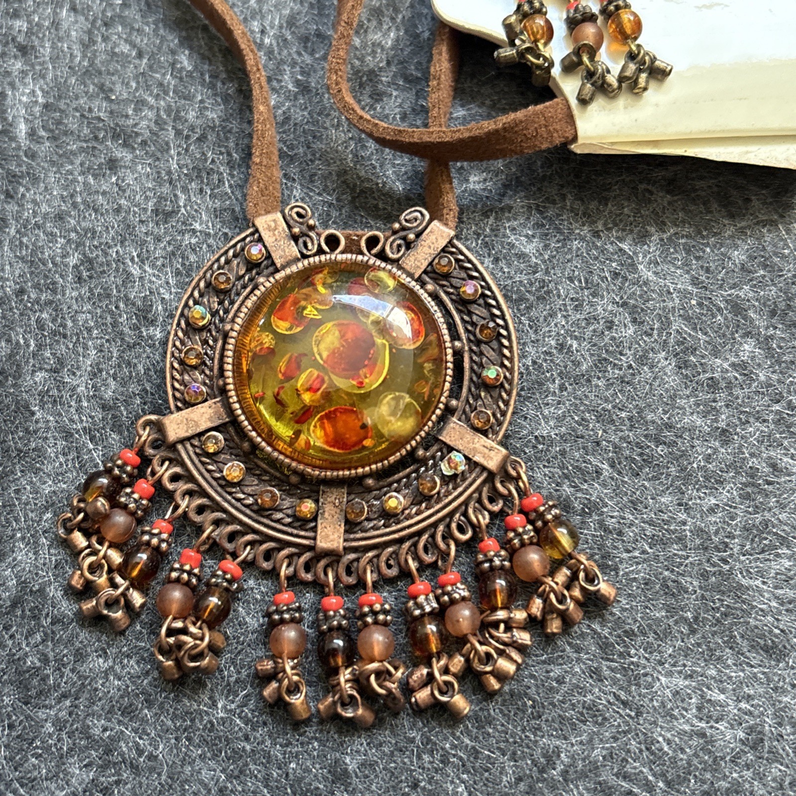 Vintage Carol Dauplaise Faux Amber Bronze Tone Statement Necklace Earrings Set