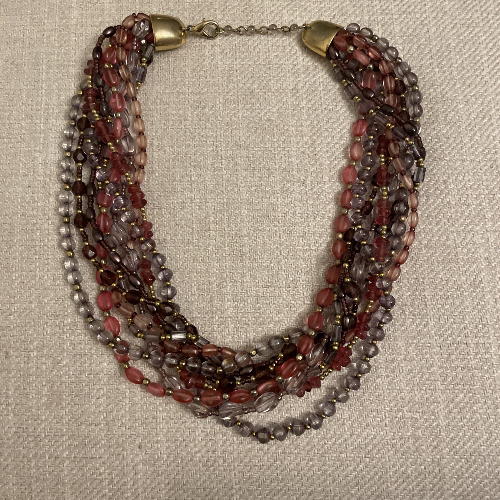 Vintage boho Multi Strand Beaded purple Pink Red Glass Gold Tone Necklace