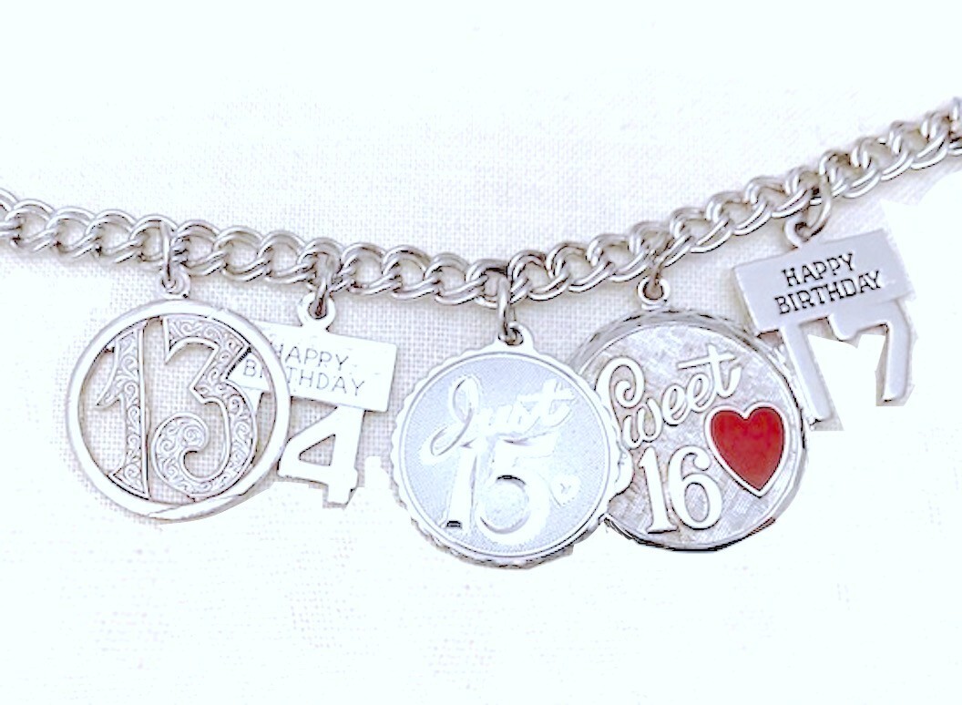 SWEET! Estate 60s-80s ster 13-CHARM BRACELET (ages 10-21) HAPPY BIRTHDAY CHARMS