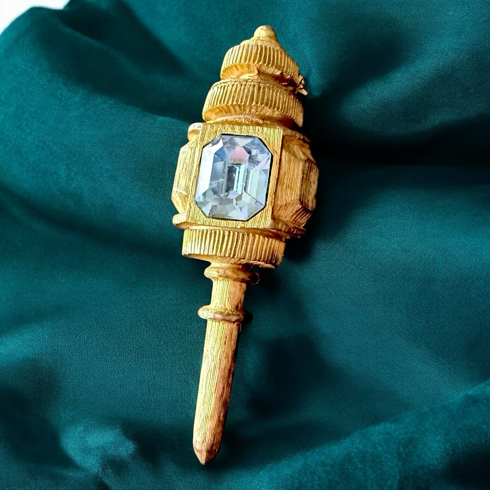 De Nicola Brooch Gold Tone Lamp Post Blue Rhinestone Signed Figural Pin