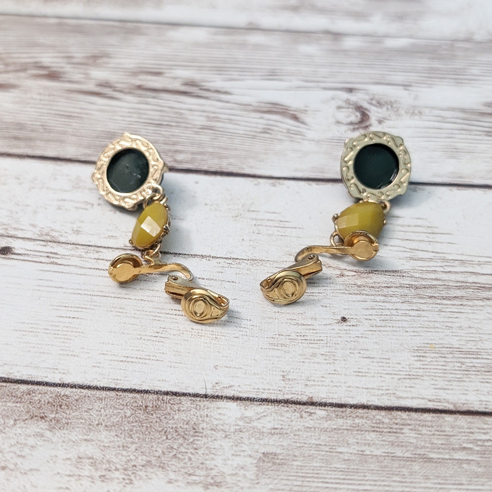 Vintage Clip On Earrings Dark Green and Dusky Yellow