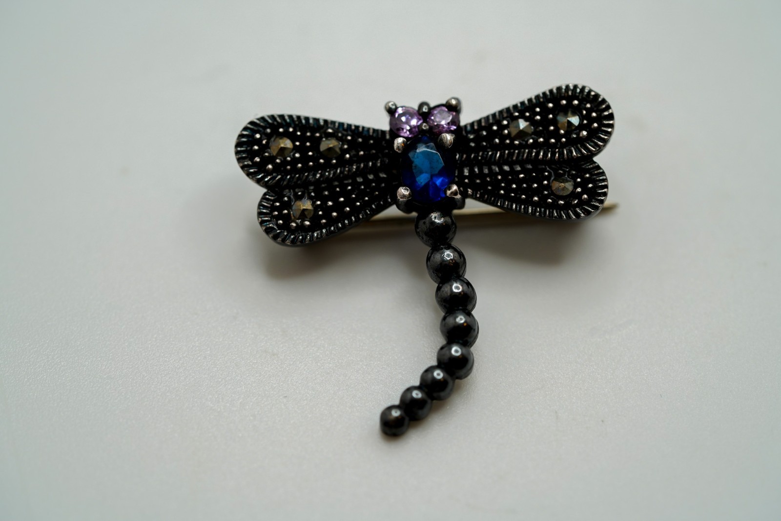 Vintage Blackened Sterling Silver Purple Blue Stone Accent DRAGONFLY Brooch JB35