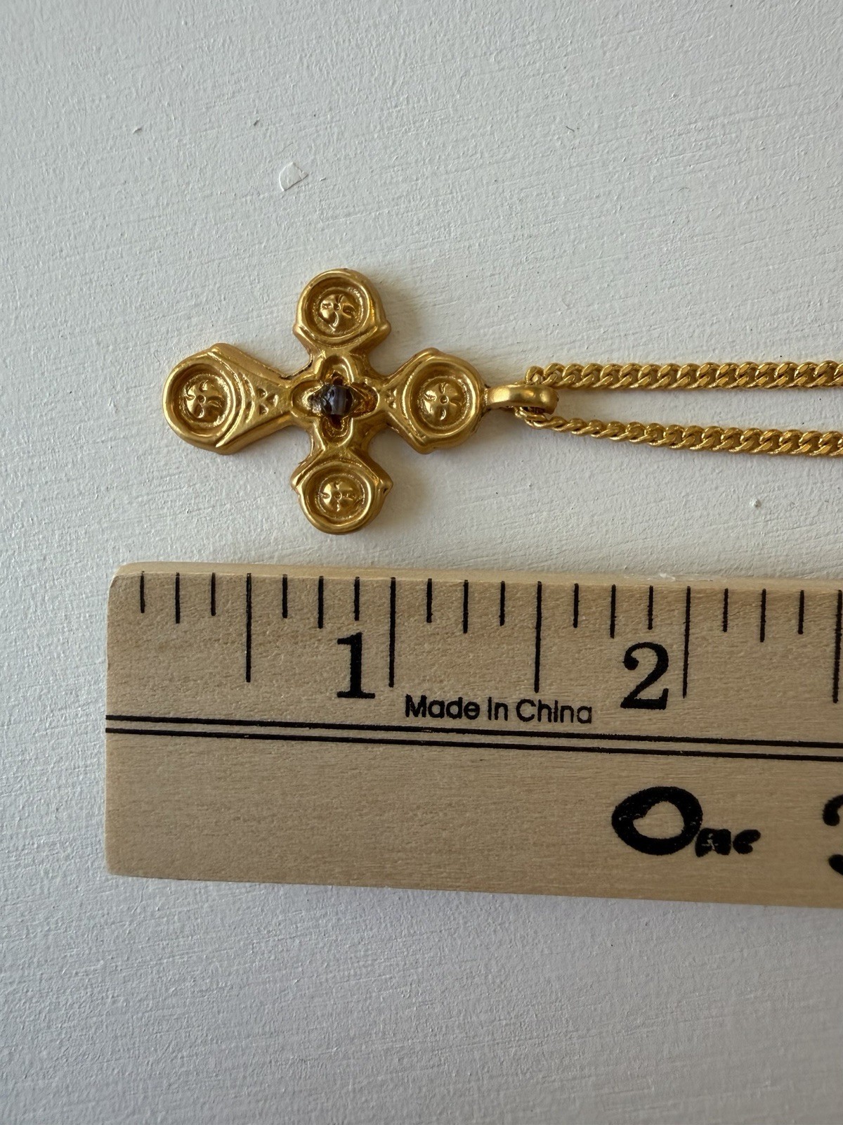 Vintage Alva Museum Replica Gold Cross Pendant Necklace w/ Blue Stone & Box VTG