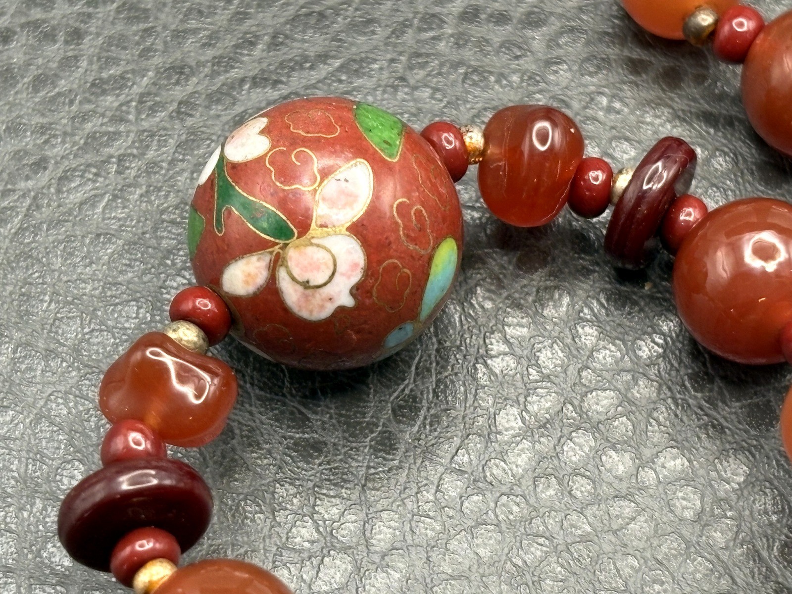 VTG Bird Butterfly Asian Cloisonne Carnelian Bead Hand Knotted Necklace 28”