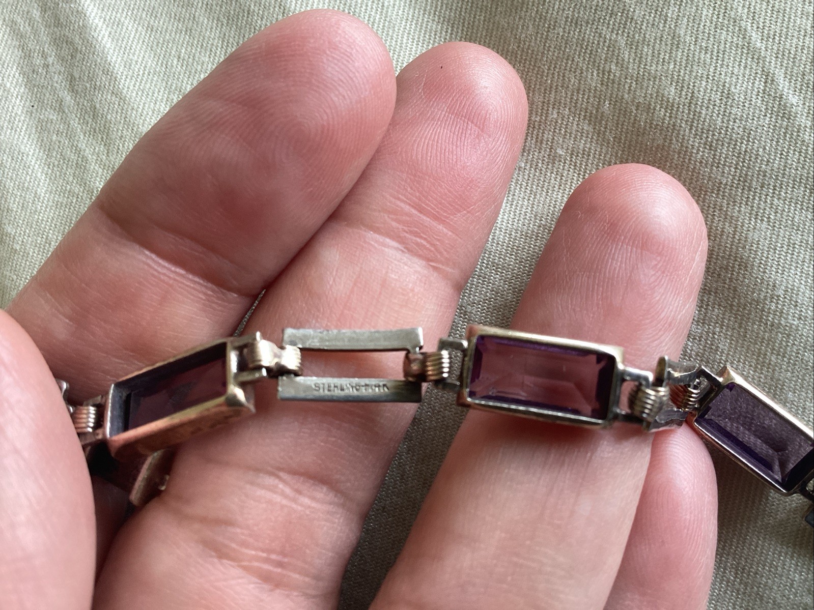 Vintage Sterling Silver 14 K Gold Purple Glass Line Bracelet 7.25”