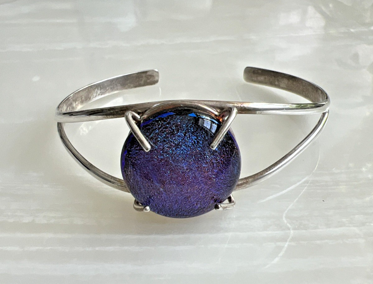 Vintage Sterling Silver Purple & Blue Art Glass Cuff Bracelet