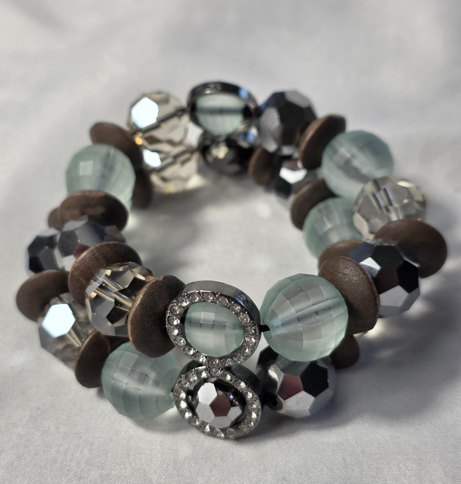 Multi-Layer Chunky Beaded Stretch Bracelet Pale Blue & Clear Faceted Beads