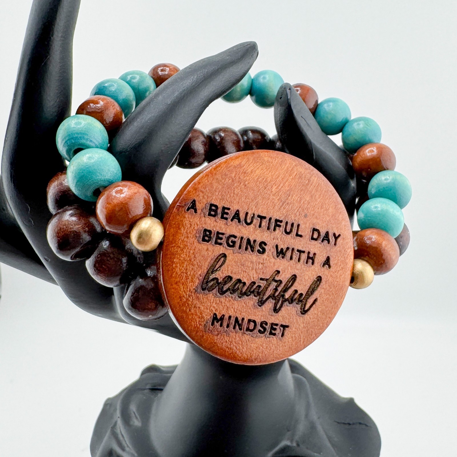 Wood Bead Bracelet 2 Set Stretch Stack Boho Quote “Beautiful Mindset” Earthy