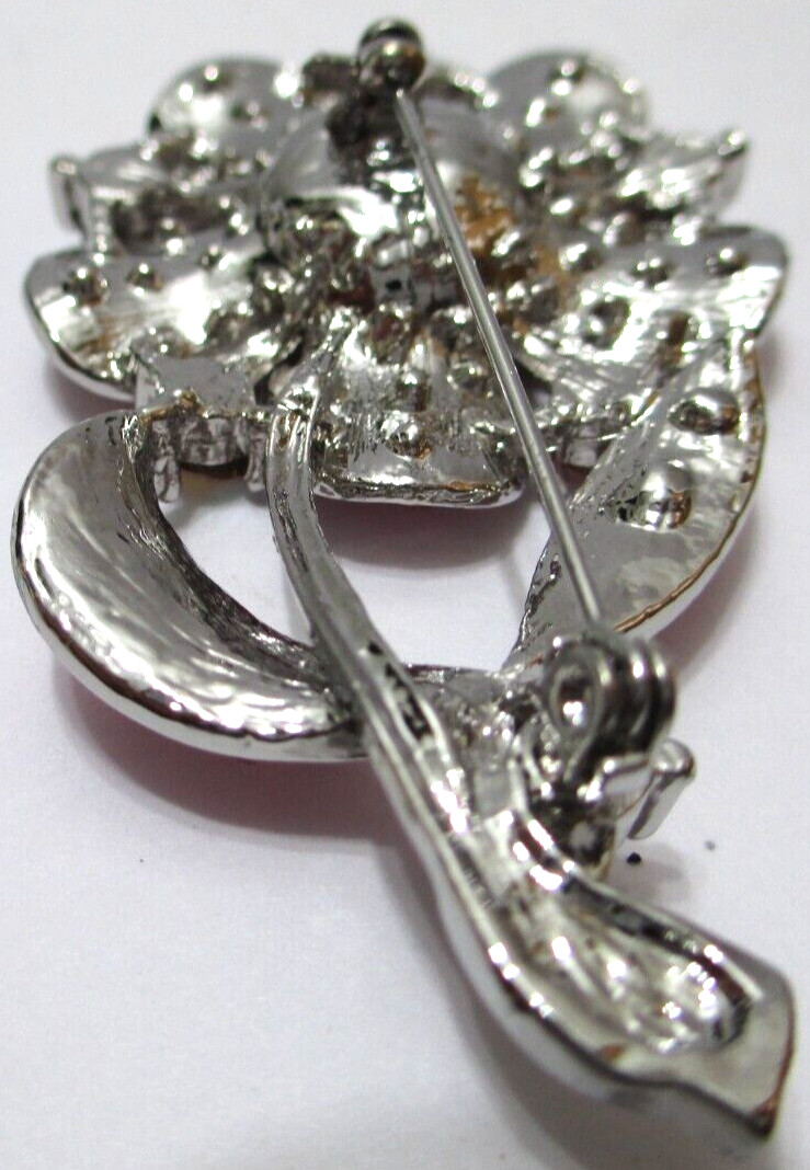 Vintage Unsigned Beauty Flower Brooch AB Pink Rhinestones Silvertone 2 1/2″ T