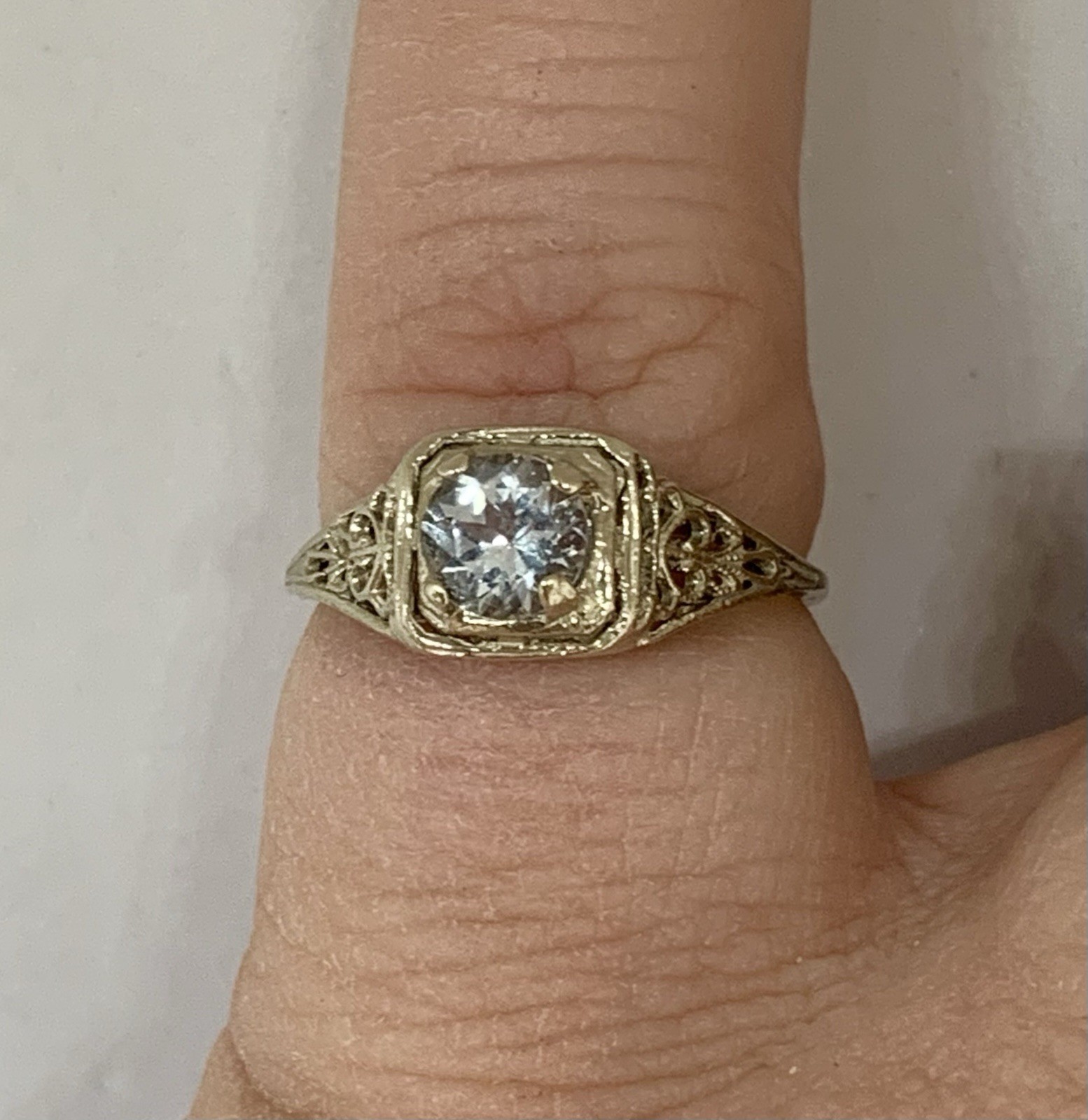 Art Deco Vintage 14k White Gold .5ctw Light Blue Aquamarine Filigree Ring Sz6.5