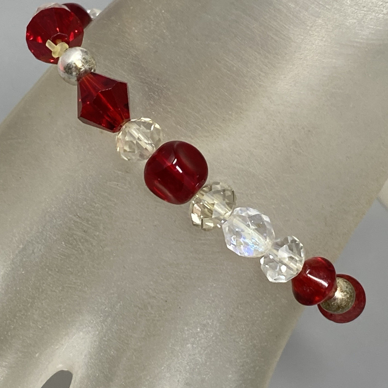 Glass Bead Bracelet Red Clear Pink Fire AB Coated Iridescent Bicone Stretch 7″