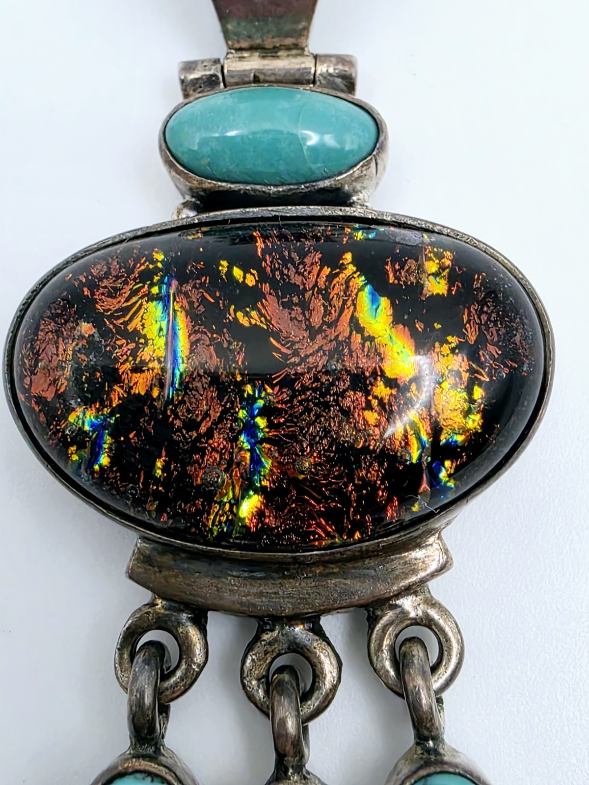 Vtg 925 Sterling Silver Dichroic Glass Turquoise Pendant Necklace Southwestern