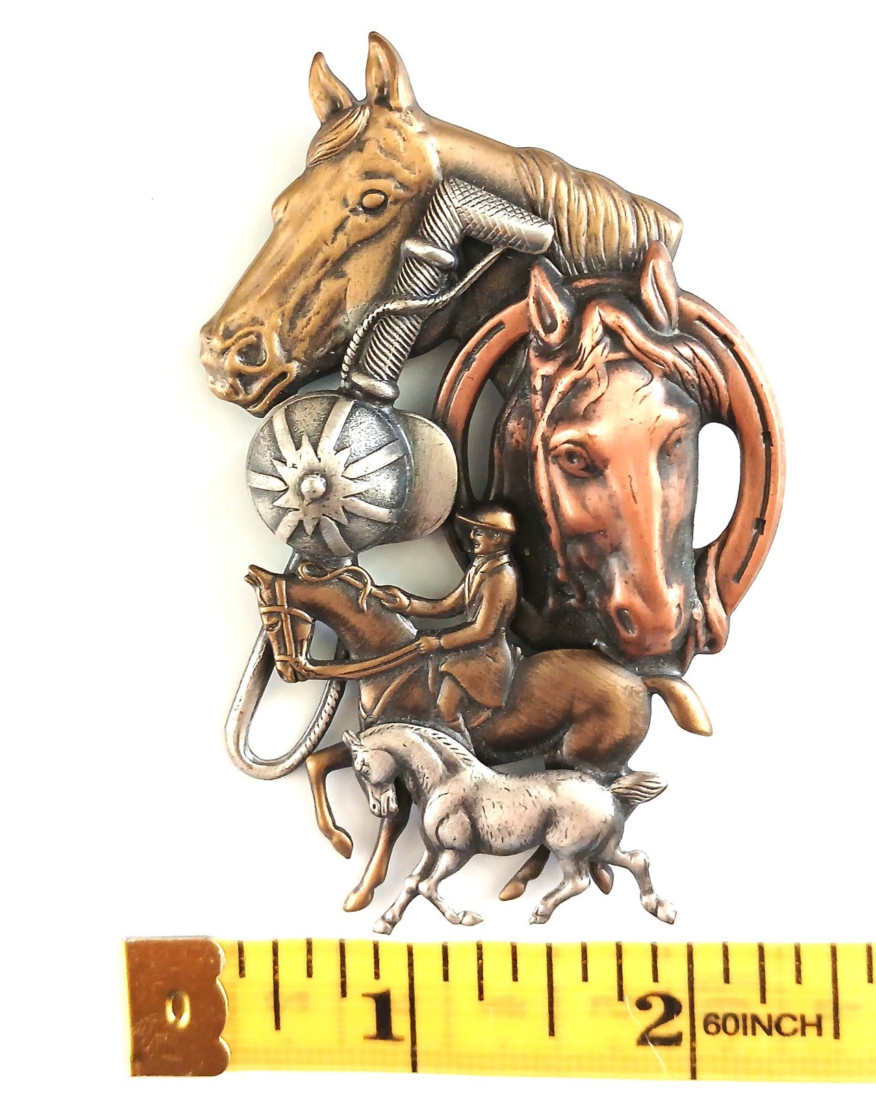 Large Equestrian-Themed Horses & Jockey Brooch Copper Brass & Silver Tones VTG