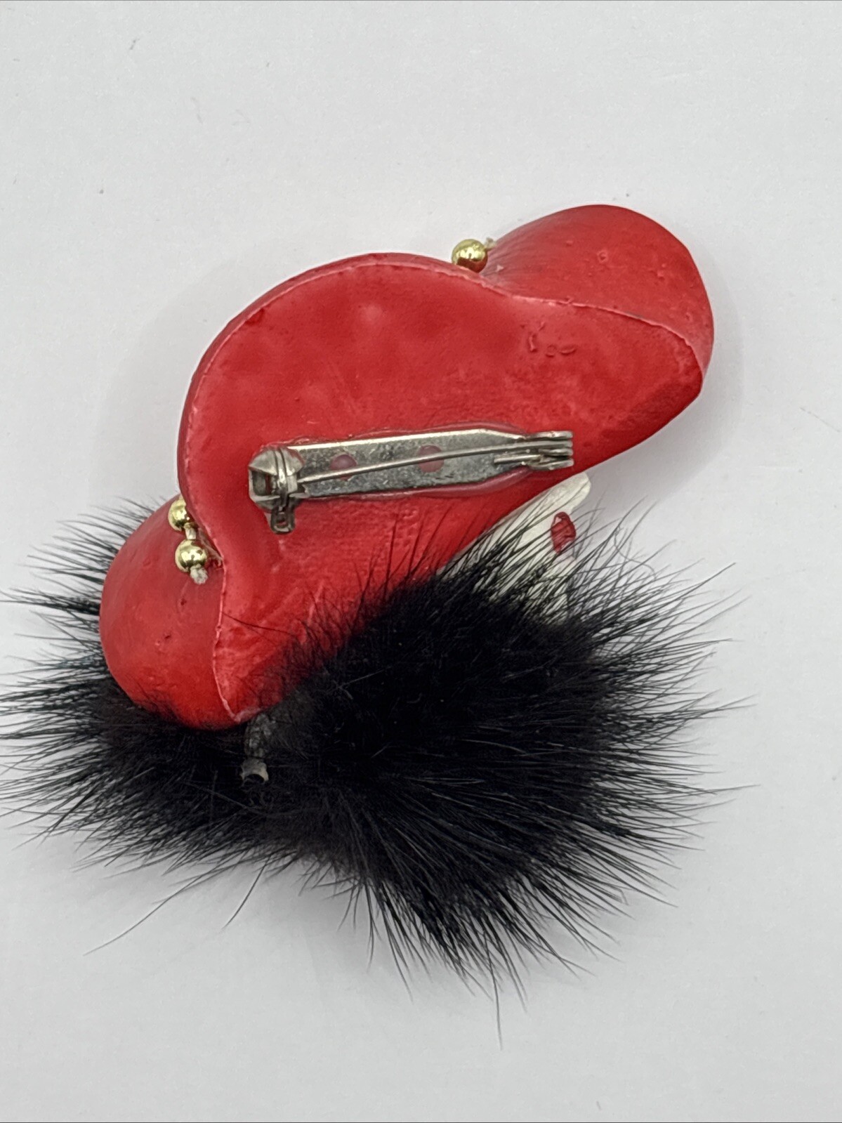 VTG Flapper Pin Brooch Deco Lady Red Gold Hat Fur Collar Hand Ptd Ceramic Gift