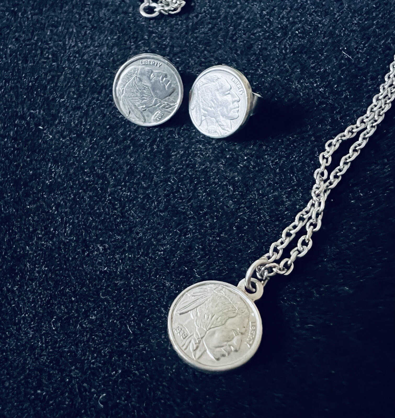 Vintage Silver Tone Buffalo Nickel Coin Necklace and Earring Set