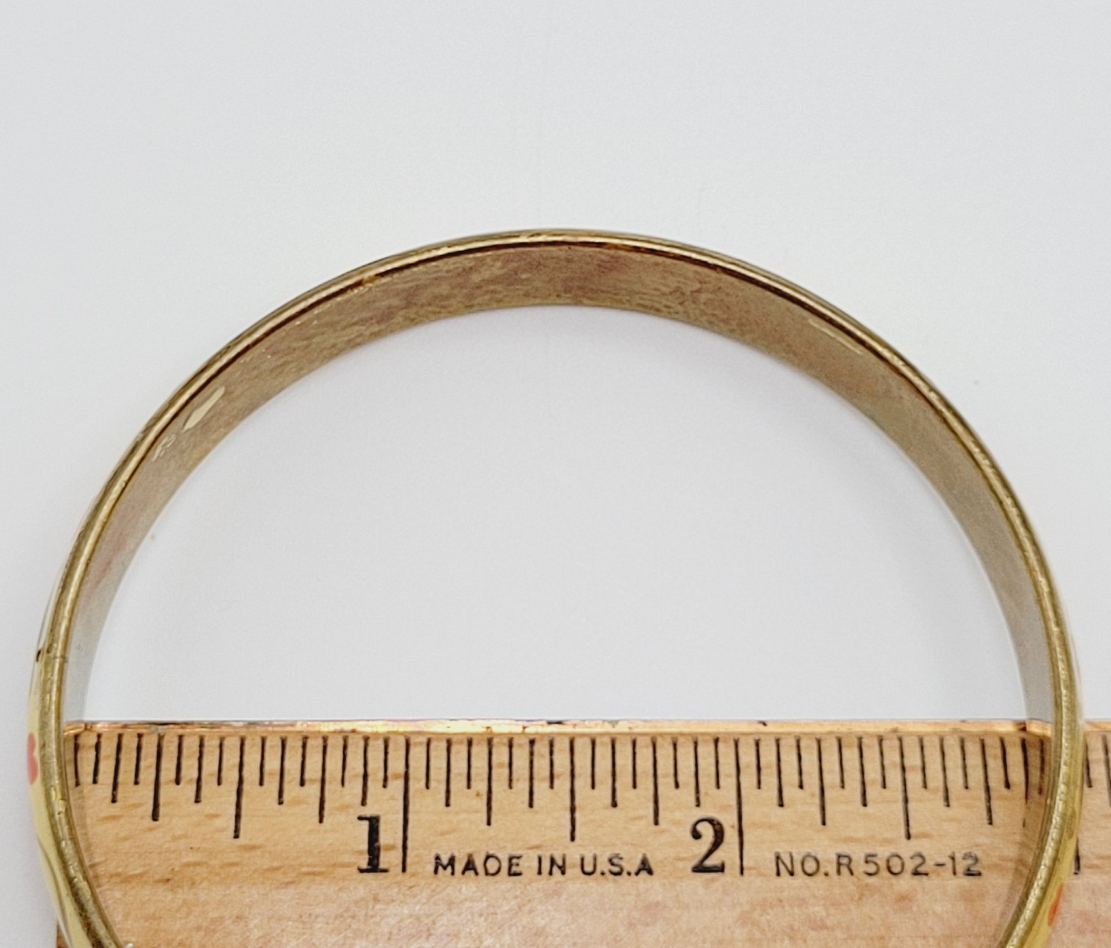 Hand Painted Cream Green Gold Enamel Vintage Bangle Brass Tone Bracelet 9 Inch