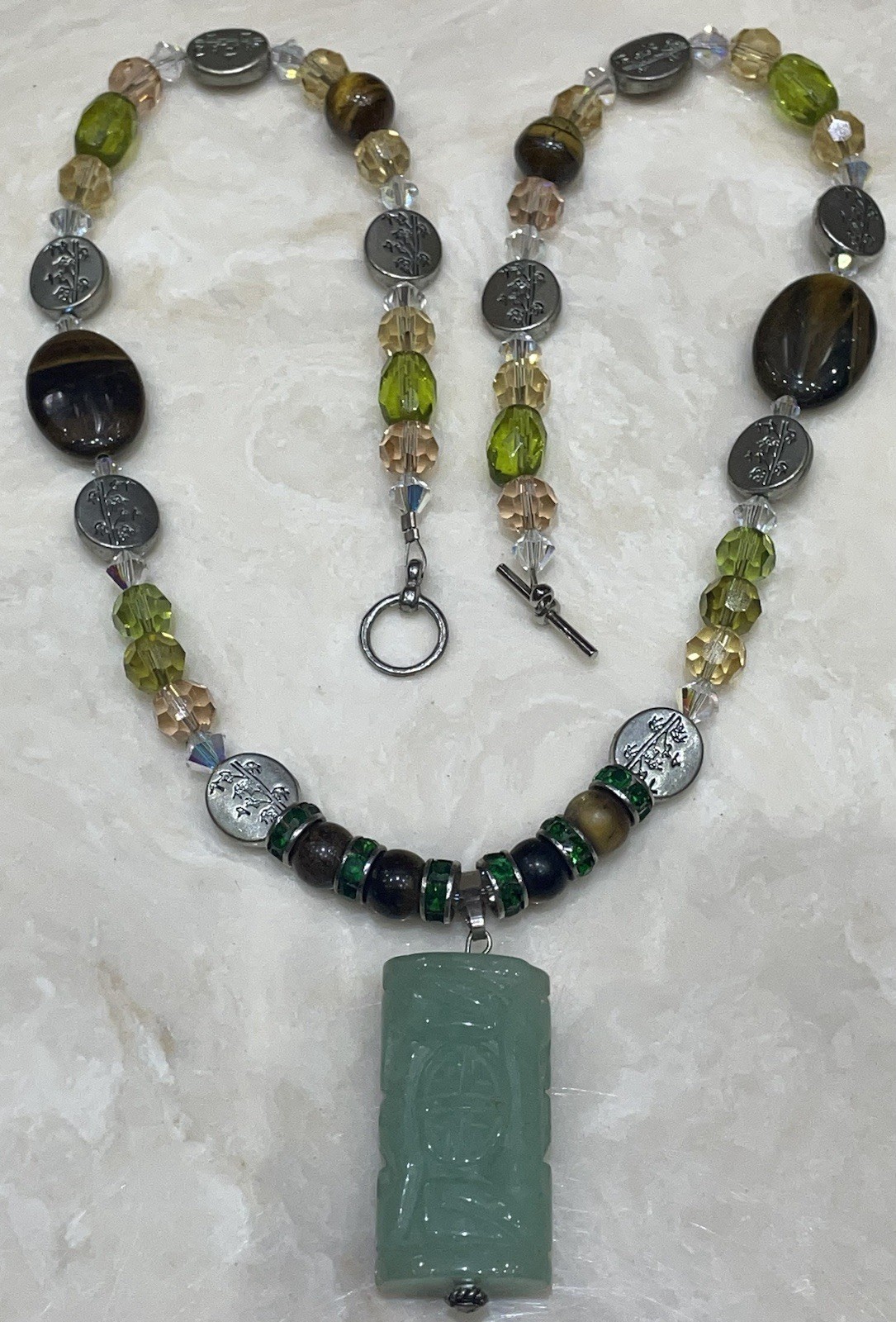 Carved Green Jade Pendant Necklace 22”