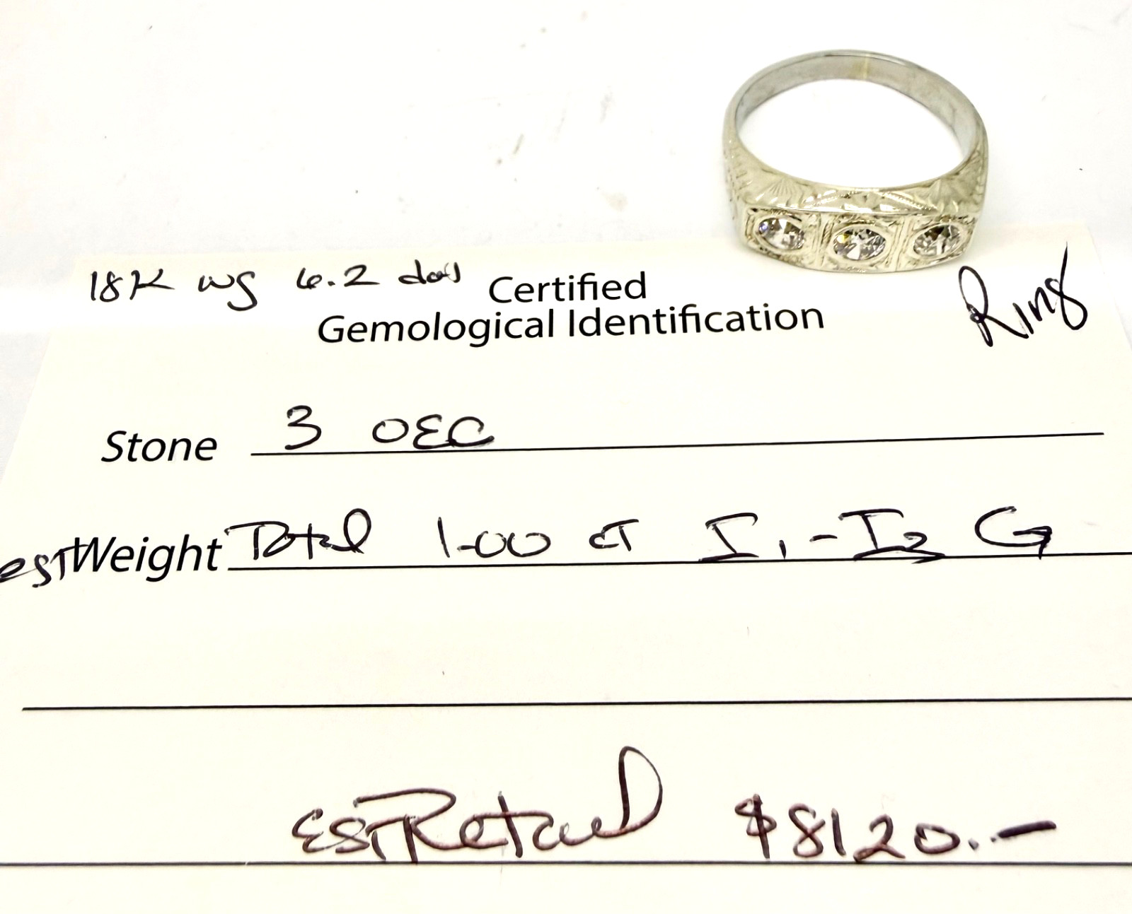 Antique 3 Old European Cut Diamond Ring 18 K White Gold w/Card Appraisal 8.5