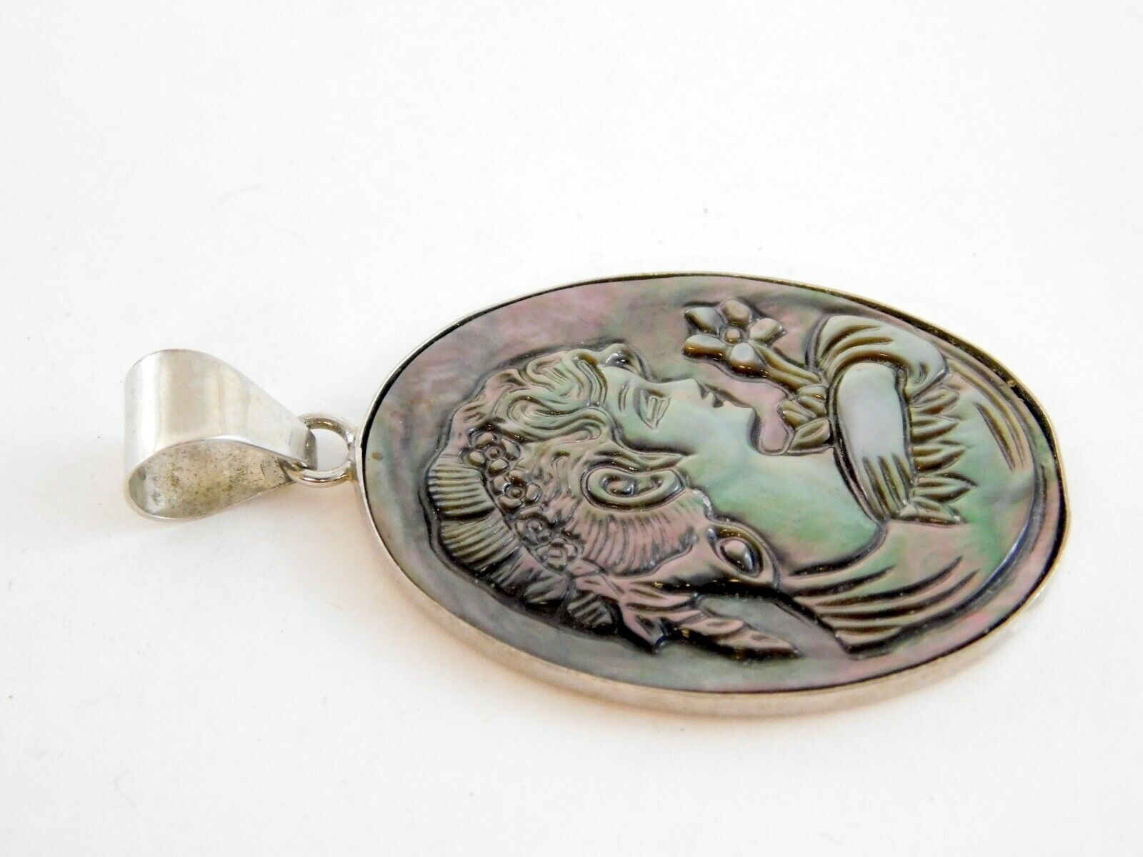 LS China Silver Tone Metal and Carved Abalone Shell Cameo Pendant 6.5g 2 Inches